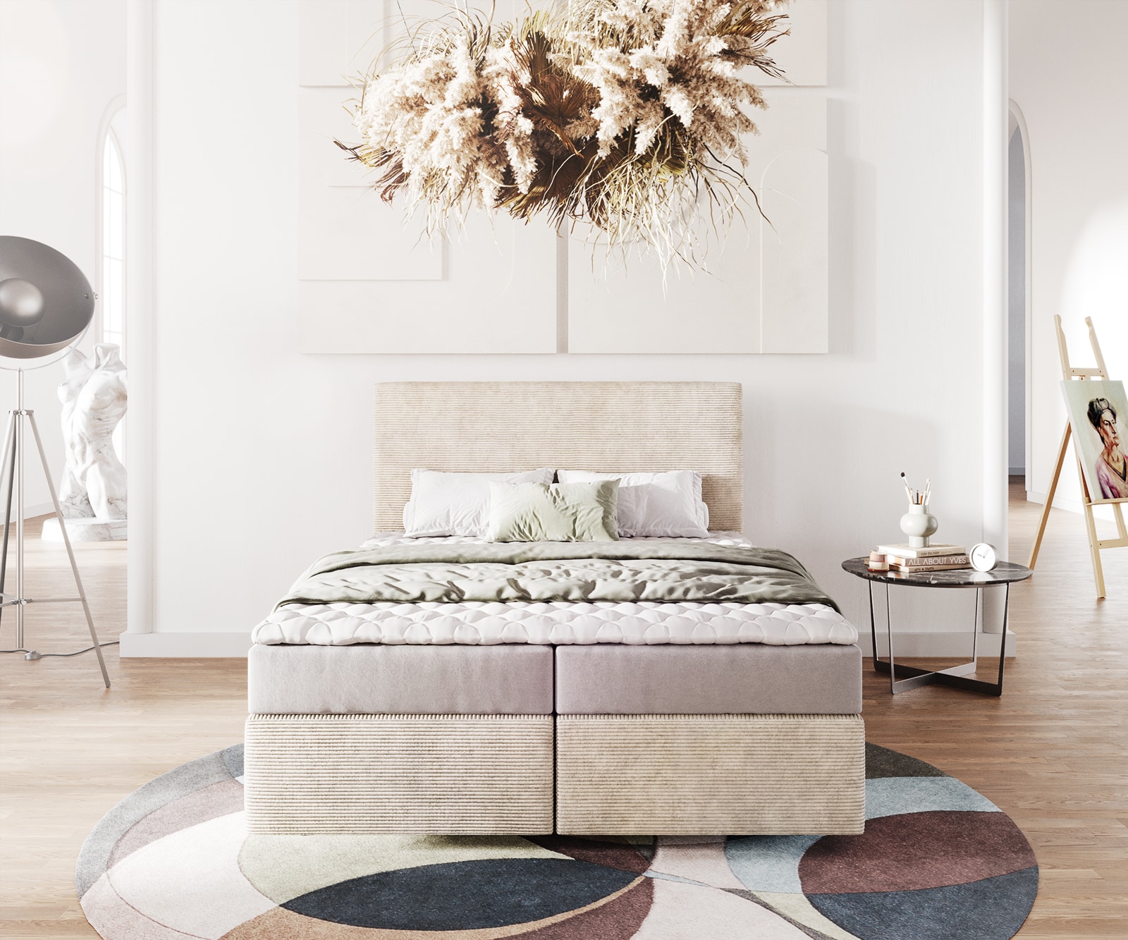 Lit-à-sommier-tapissier Dream-Well 140x200 cm Velours côtelé Beige avec matelas et surmatelas  2