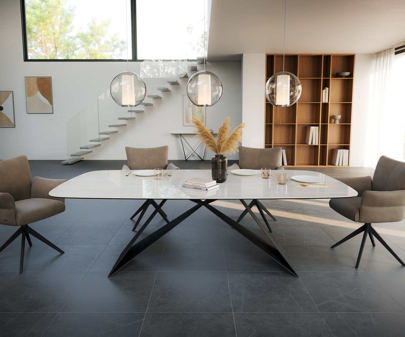 Table à manger Edge Boot 240x120 cm Céramique Onyx Champagne piètement en V Acier plat Noir 2