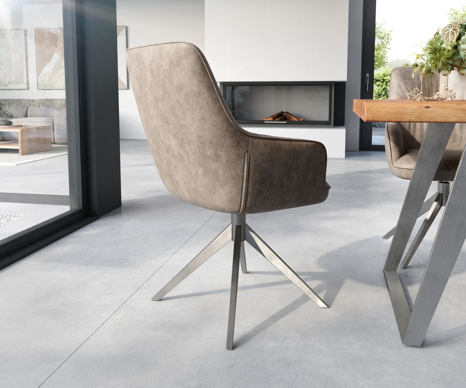 Chaise-de-salle-à-manger Zelia-Flex avec accoudoirs microvelours taupe vintage pied croisé large acier inoxydable brossé ressorts ensachés 4 Chaise-de-salle-à-manger Zelia-Flex avec accoudoirs microvelours taupe vintage pied croisé large acier inoxydable brossé ressorts ensachés 4