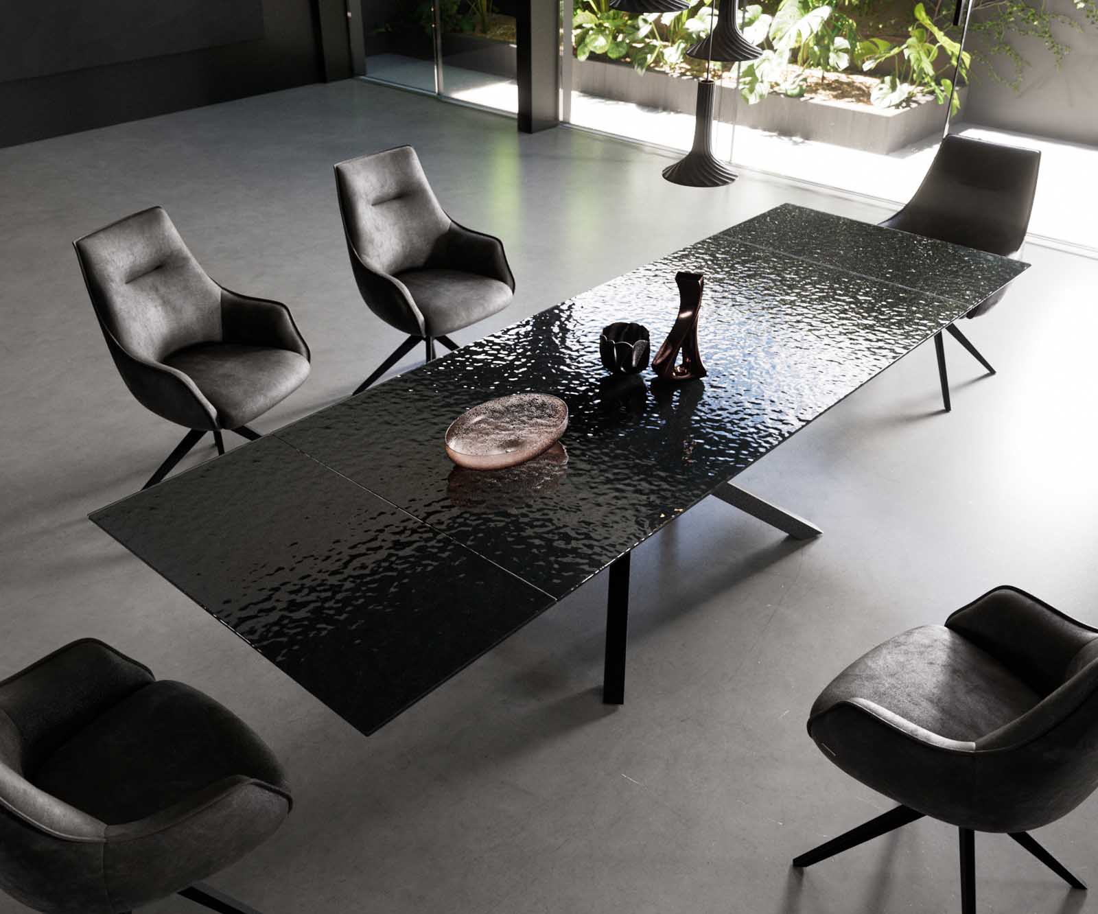 Table à manger Edge 200-300x100 verre fondu noir fumé relief en 3D cadre croisé rectangulaire noir extensible 3 Table à manger Edge 200-300x100 verre fondu noir fumé relief en 3D cadre croisé rectangulaire noir extensible 3