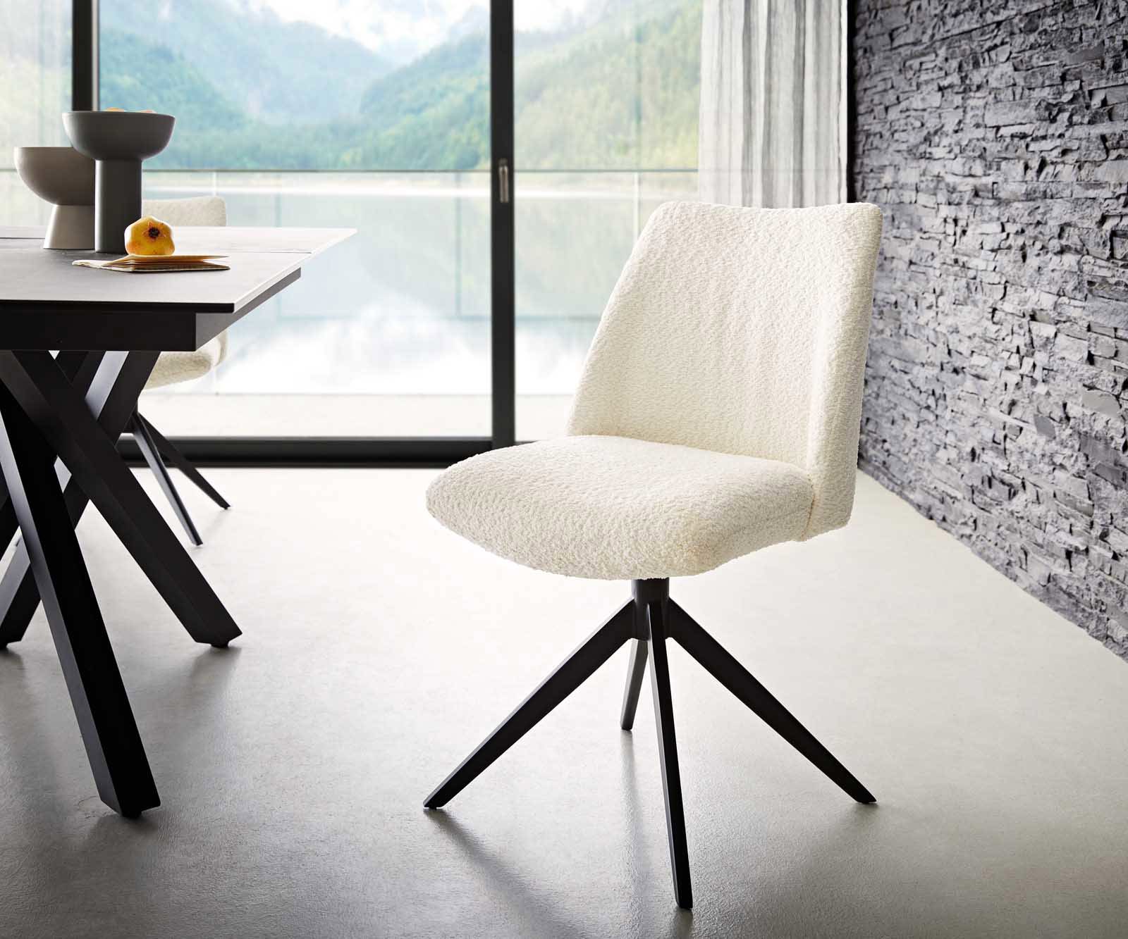 Chaise-pivotante Elso-Flex bouclé blanc pied croisé large noir pivotement sur 360° ressorts ensachés