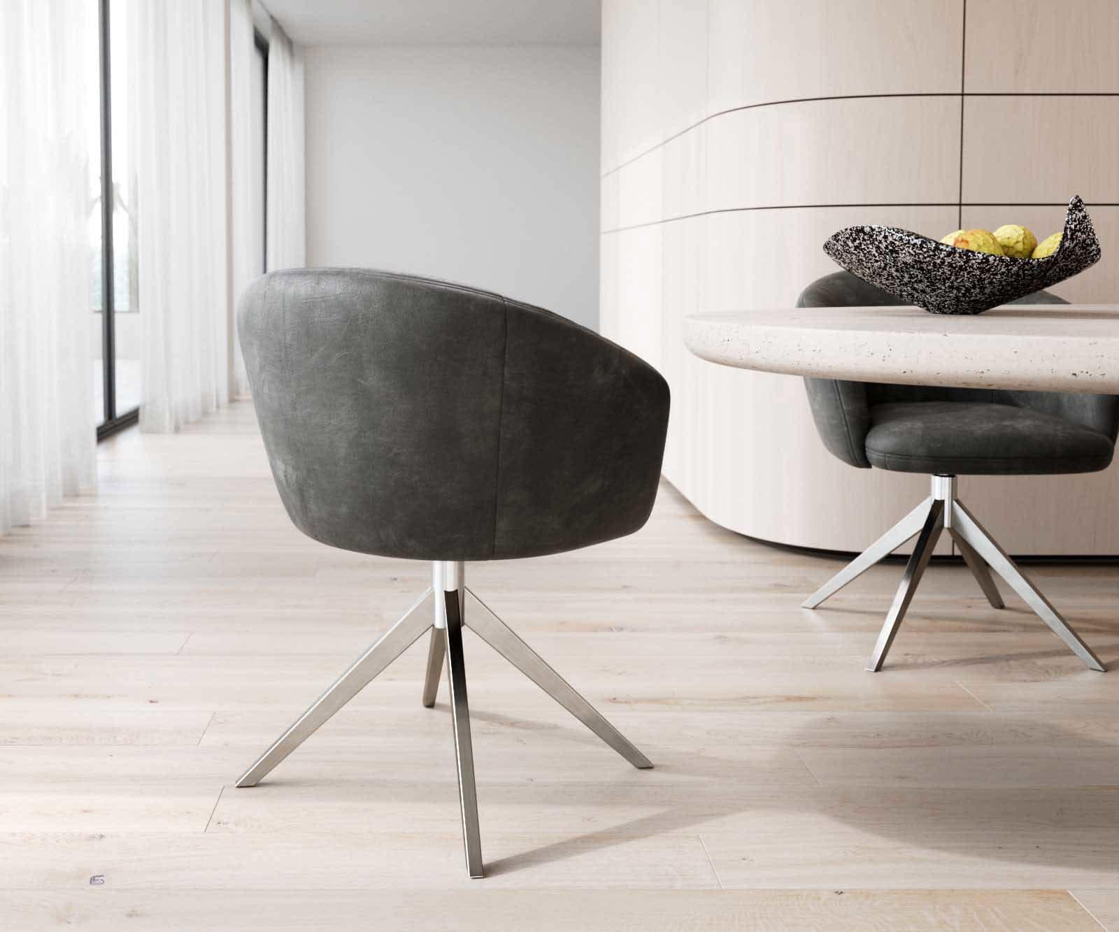 Chaise-pivotante Caja-Flex avec accoudoirs microvelours anthracite vintage pied croisé large acier inoxydable brossé pivotement sur 360° ressorts ensachés 4 Chaise-pivotante Caja-Flex avec accoudoirs microvelours anthracite vintage pied croisé large acier inoxydable brossé pivotement sur 360° ressorts ensachés 4