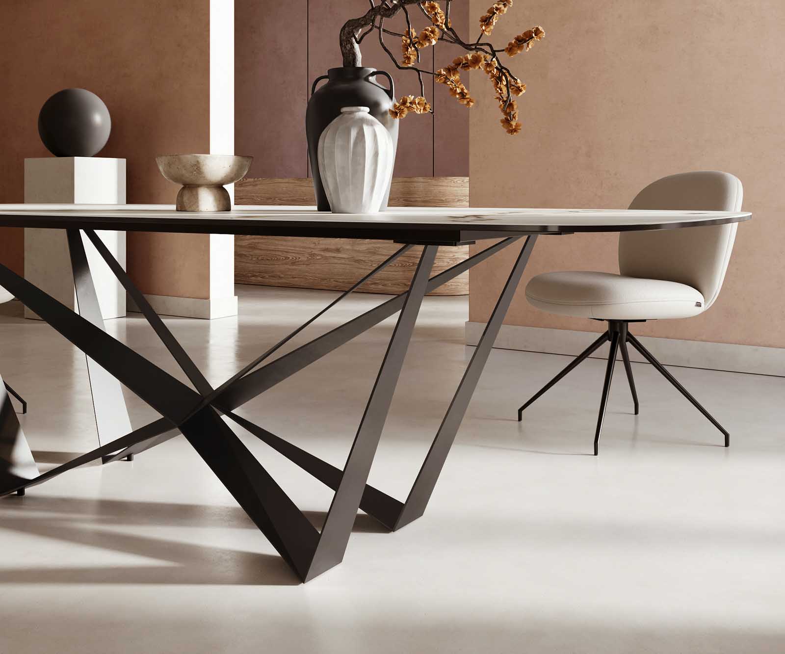 Table à manger Edge en forme de bateau 240x120 céramique Calacatta Luxe blanc-doré-gris Spider acier plat noir 5