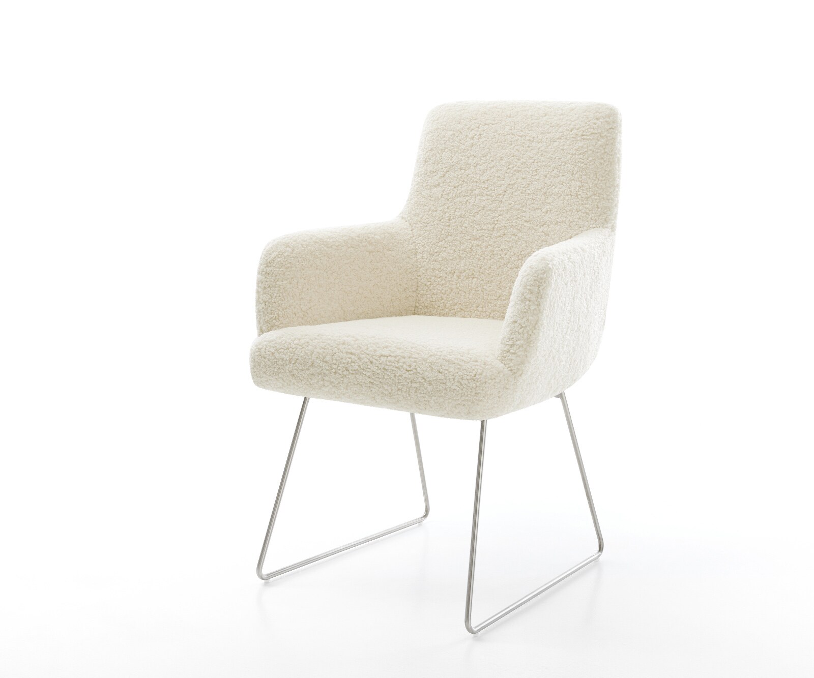Chaise-de-salle-à-manger Heira-Flex avec accoudoirs tissu teddy beige pied trapèze acier inoxydable resorts ensachés 1