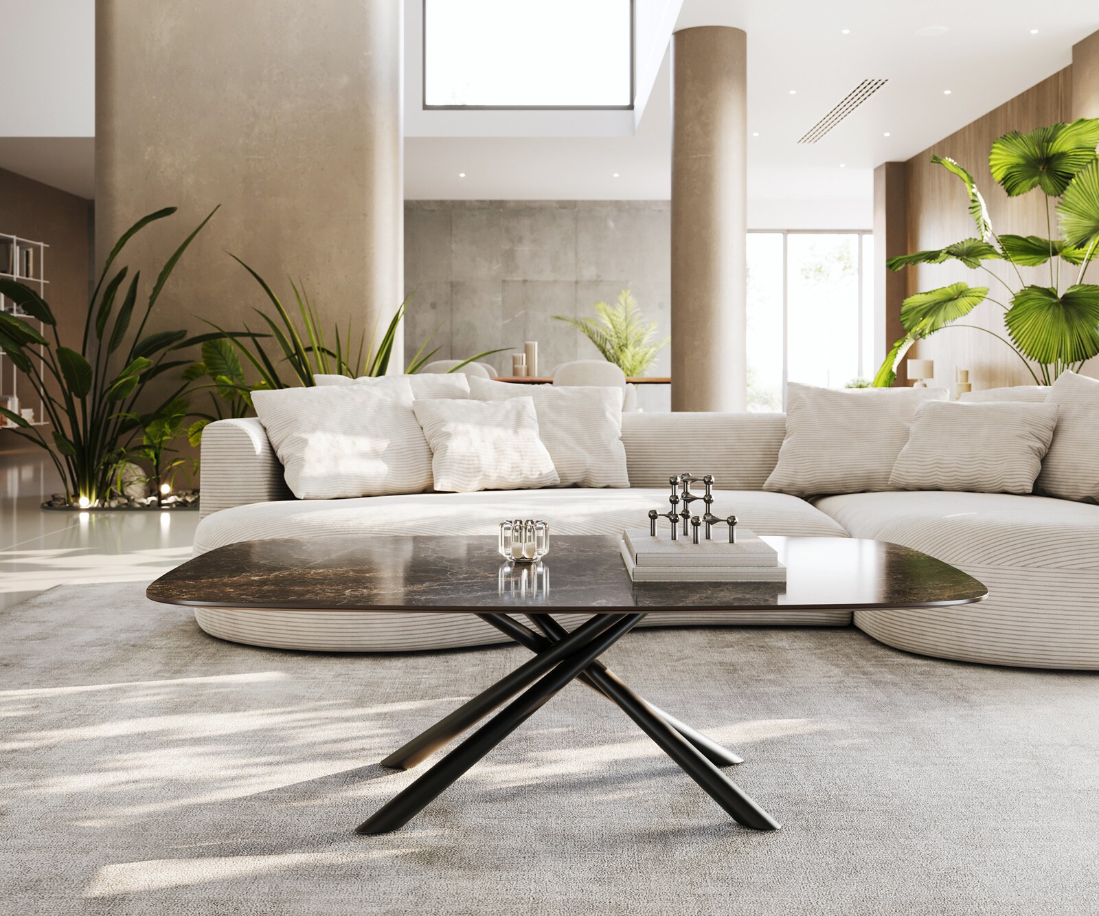 Table basse Edge bateau 140x80 cm céramique Emperador Extra Lucidato brun foncé Sarity métal noir 1
