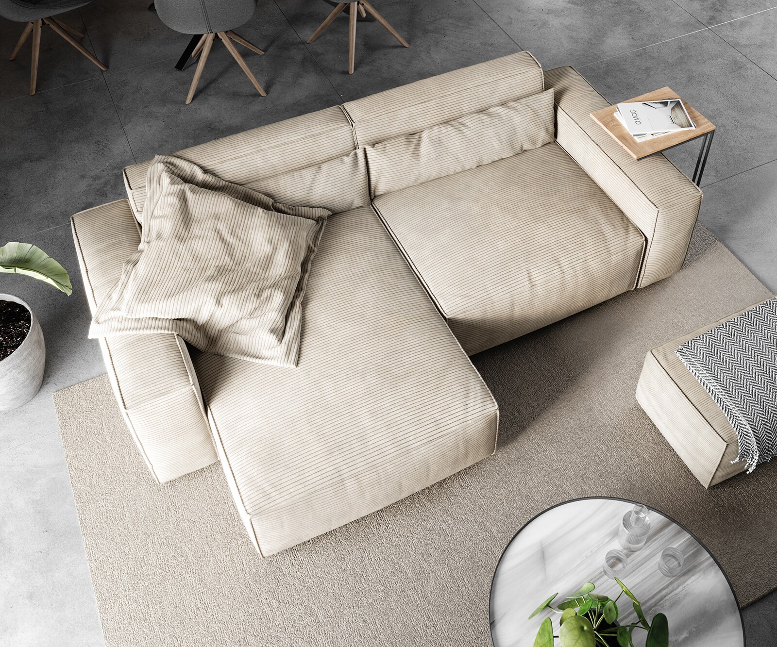Canapé d'angle Sirpio 230x150 cm Velours côtelé Beige Recamiere variable avec Tabouret 3
