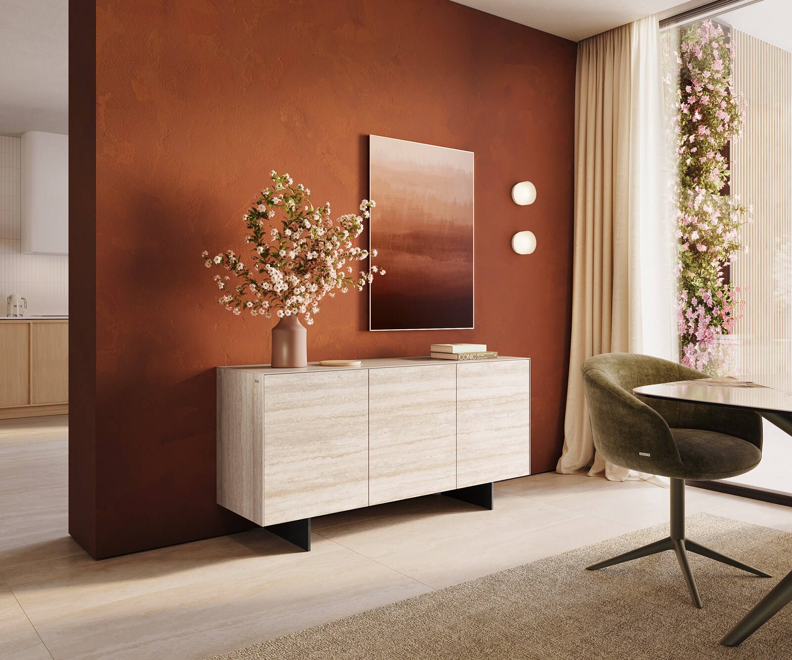 Buffet Cuor 150 cm Céramique Laminam® Travertino Bianco Crème-blanc 3 Portes Pied optique flottant Métal Noir