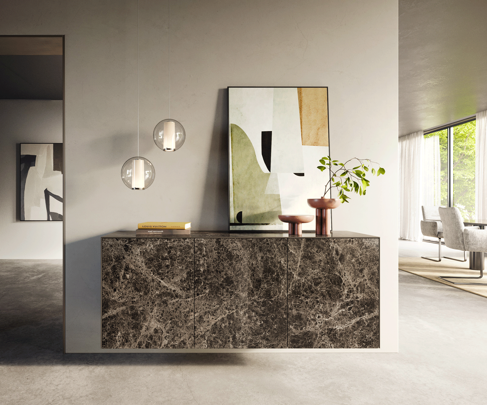 Buffet Cuor 150 cm Céramique Emperador Extra Lucidato brun foncé 3 Portes Flottant 1
