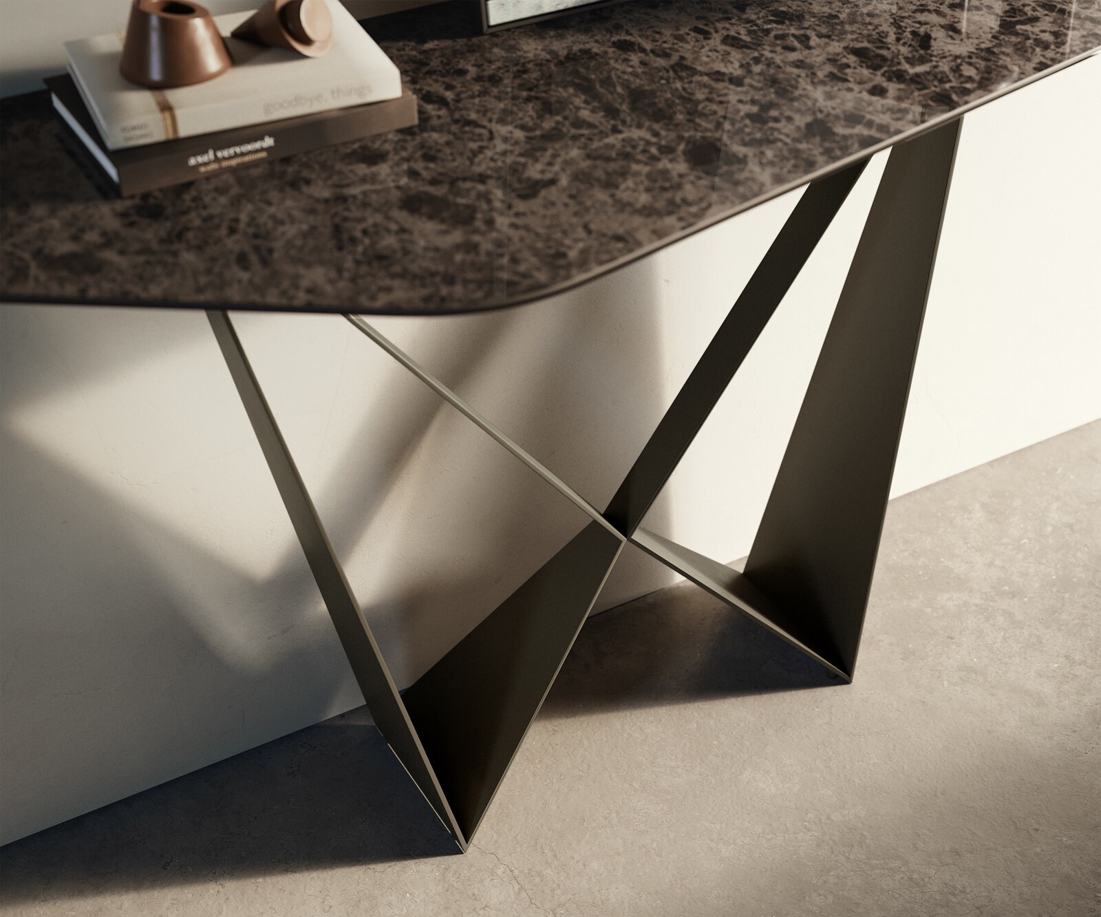 Console Edge Polygonal 140x50 cm Céramique Emperador Extra Lucidato Dunkelbraun Spios Métal Effektfinish Titan 5