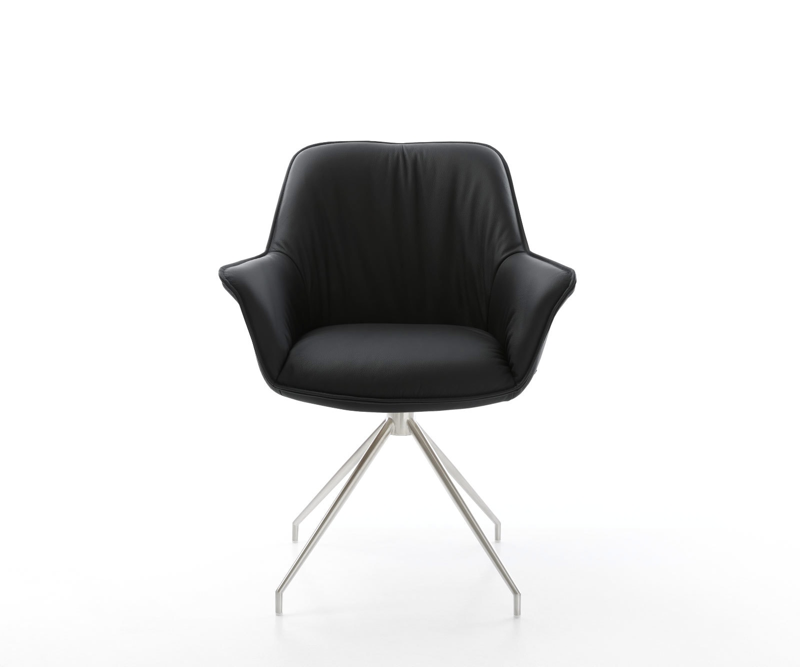 Chaise-de-salle-à-manger Keila-Flex avec accoudoirs cuir de vache noir pied croisé conique acier inoxydable brossé 2 Chaise-de-salle-à-manger Keila-Flex avec accoudoirs cuir de vache noir pied croisé conique acier inoxydable brossé 2