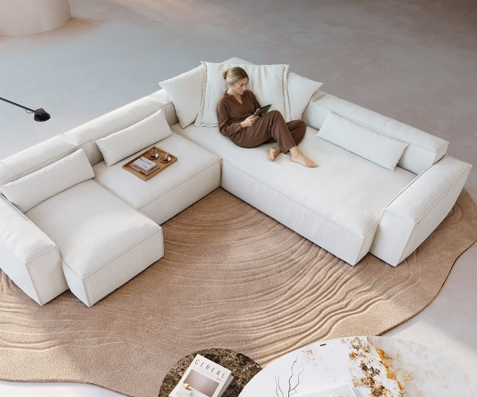 Canapé panoramique Freestyle 360x290 cm Bouclé doux Beige couture passepoilée 3