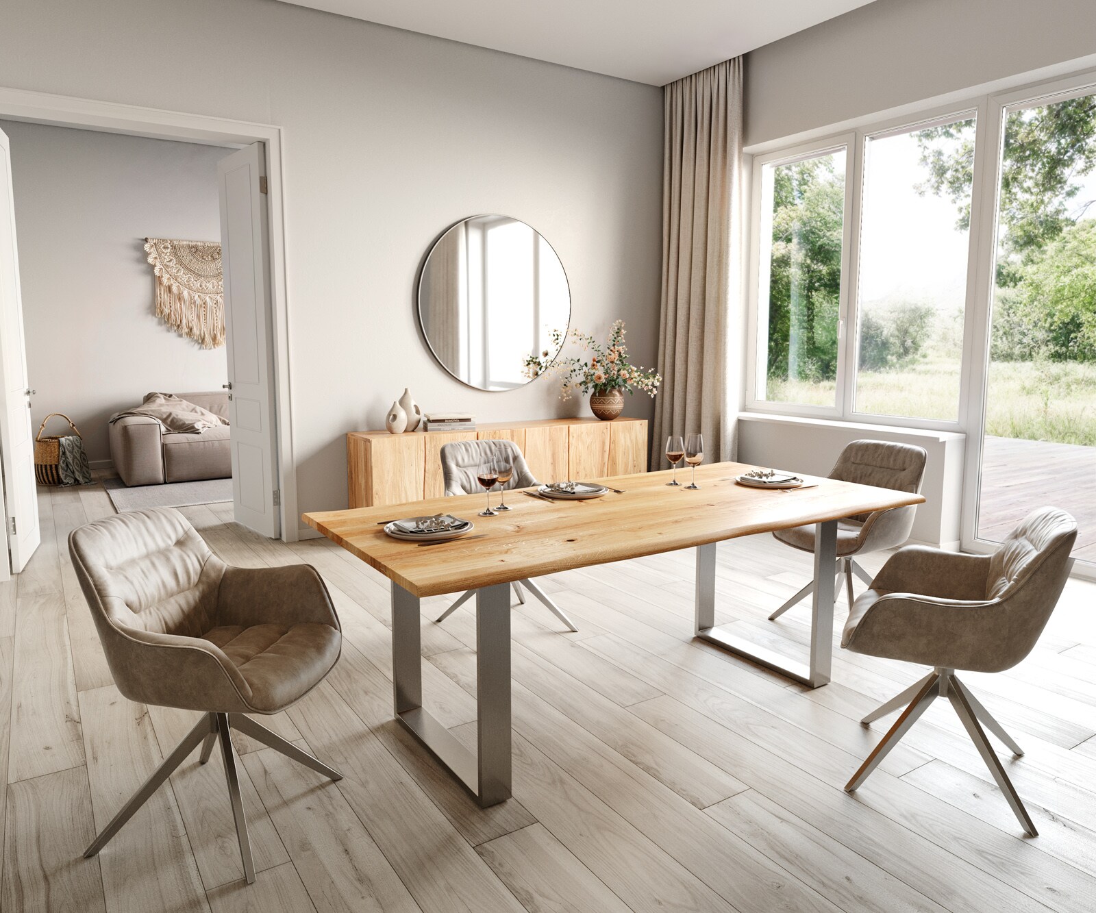 Table-à-manger Edge 200x100x2,5-3 chêne nature acier inoxydable mince Live-Edge 4