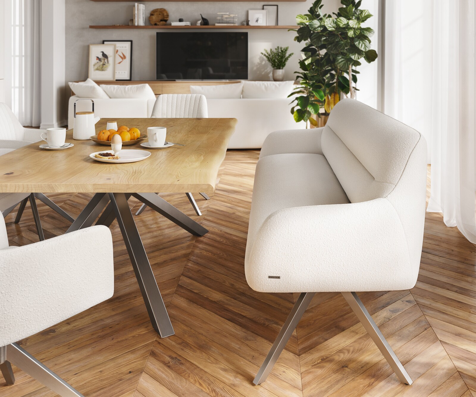 Banc-de-salle-à-manger Taya-Flex 200 cm bouclé crème-blanc pied croisé angulaire grafiete ressort ensaché 2