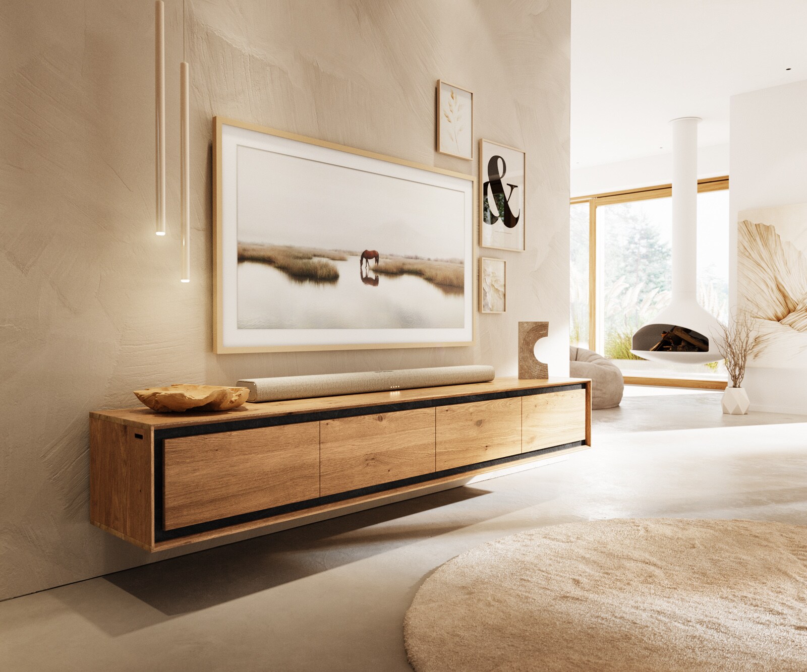 Meuble-TV Stonegrace 200 cm chêne naturel 4 portes placage pierre flottant