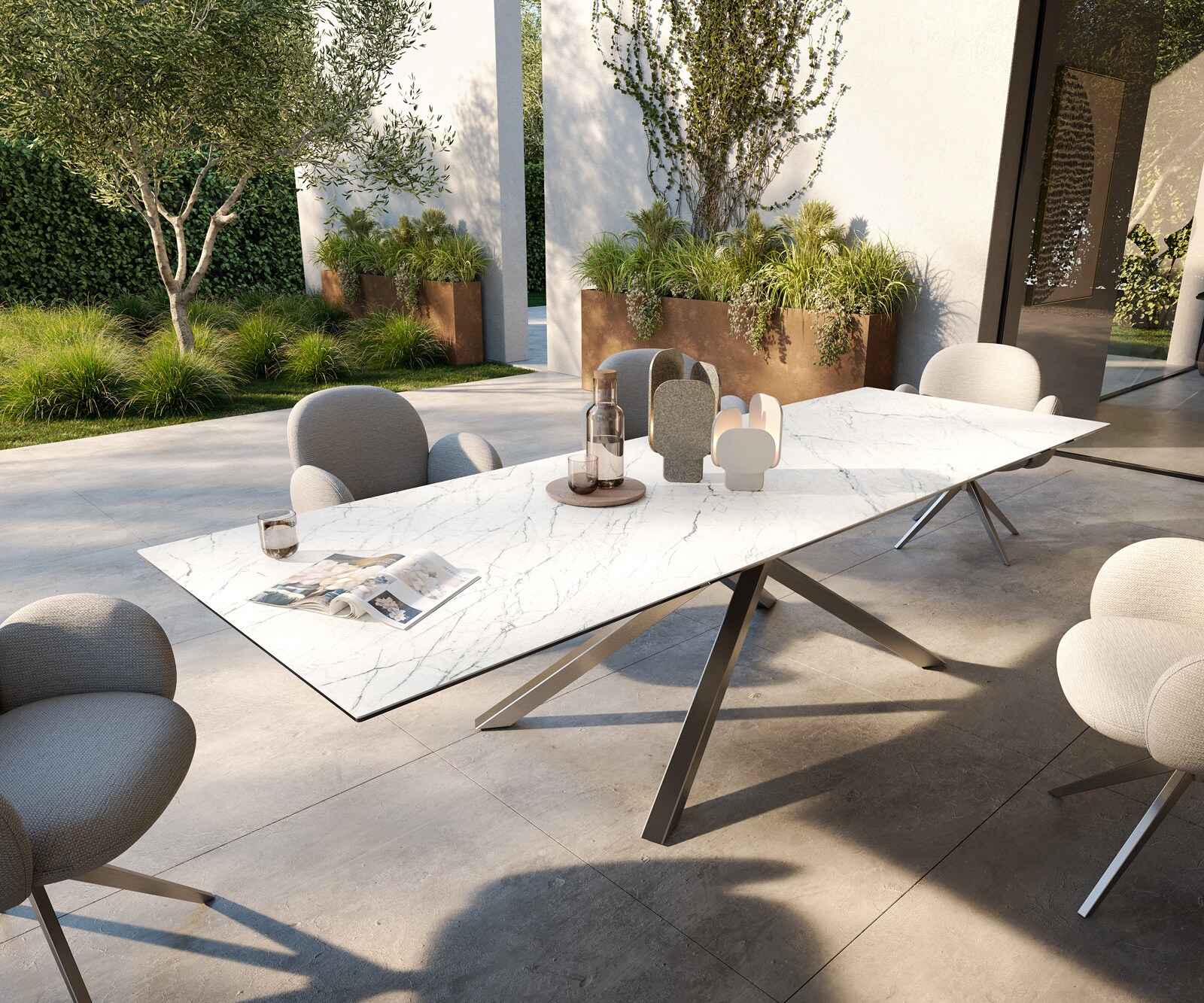 Table d’extérieur Edge 300x100 cm céramique Laminam® Statuarietto blanc piètement croisé rectangulaire en acier inoxydable