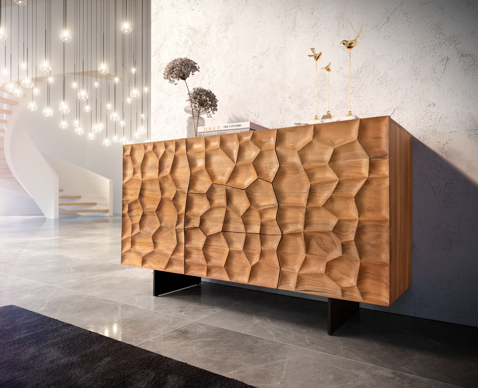 Buffet Solu 145 cm acacia naturel 2 portes 3 tiroirs pied flottant métal noir façade 3D Buffet Solu 145 cm acacia naturel 2 portes 3 tiroirs pied flottant métal noir façade 3D