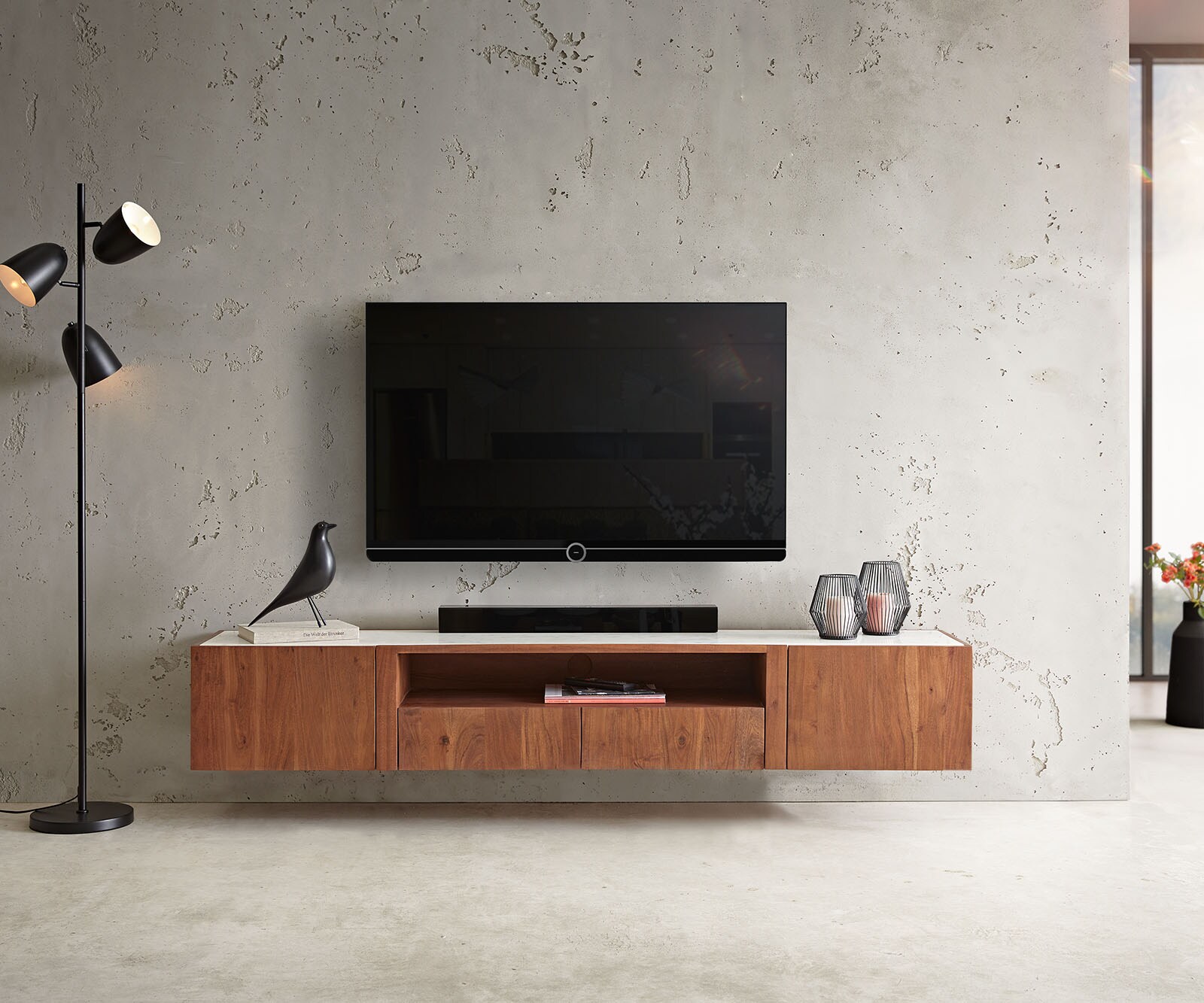 Meuble-TV Secara 200 cm acacia marron 2 portes 2 tiroirs marbre flottant