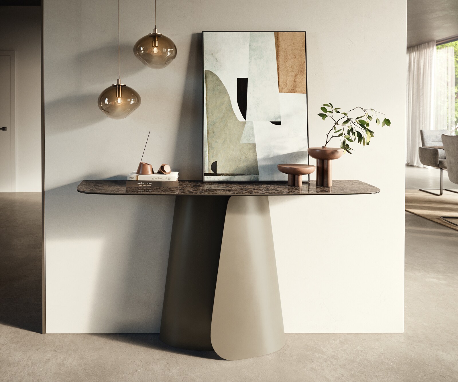 Console Edge forme bateau 140x40 cm Céramique Emperador Extra Lucidato Dunkelbraun Livos Métal Effektfinish Titan