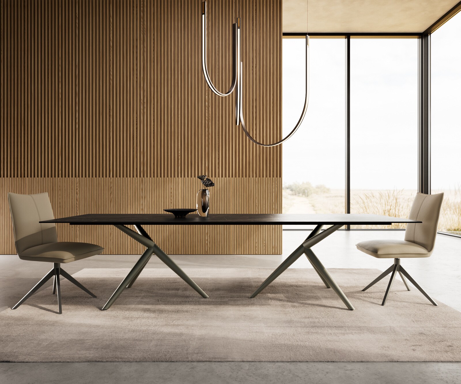 Table à manger Edge 300x100 Céramique Laminam®Noir Desir Marron Estelar rond Métal finition à effet Titane 1