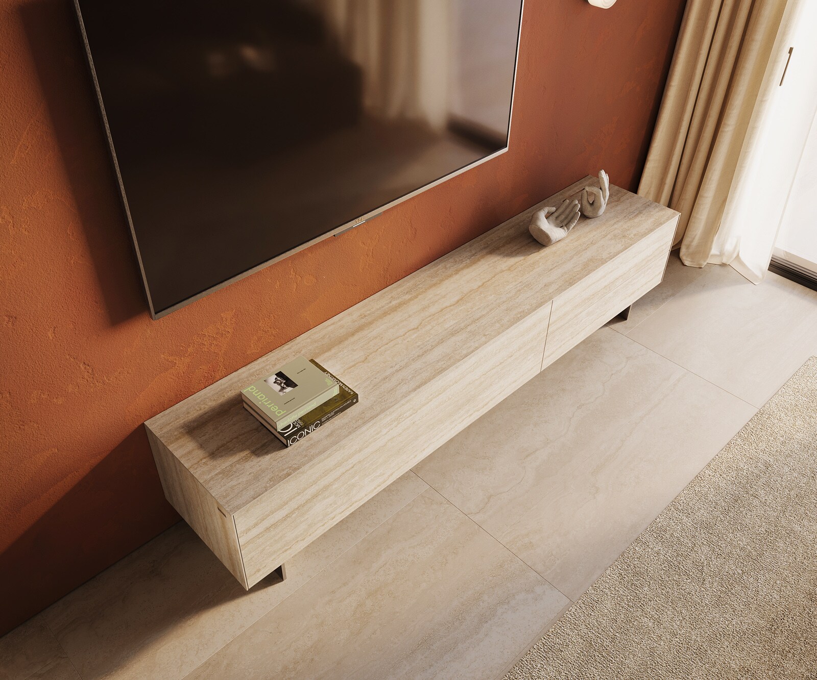 Meuble-TV Cuor 220 cm Céramique Laminam® Travertino Bianco Crème-blanc 1 Clapet 2 Tiroirs Pied optique flottant Ancier inoxydable 4