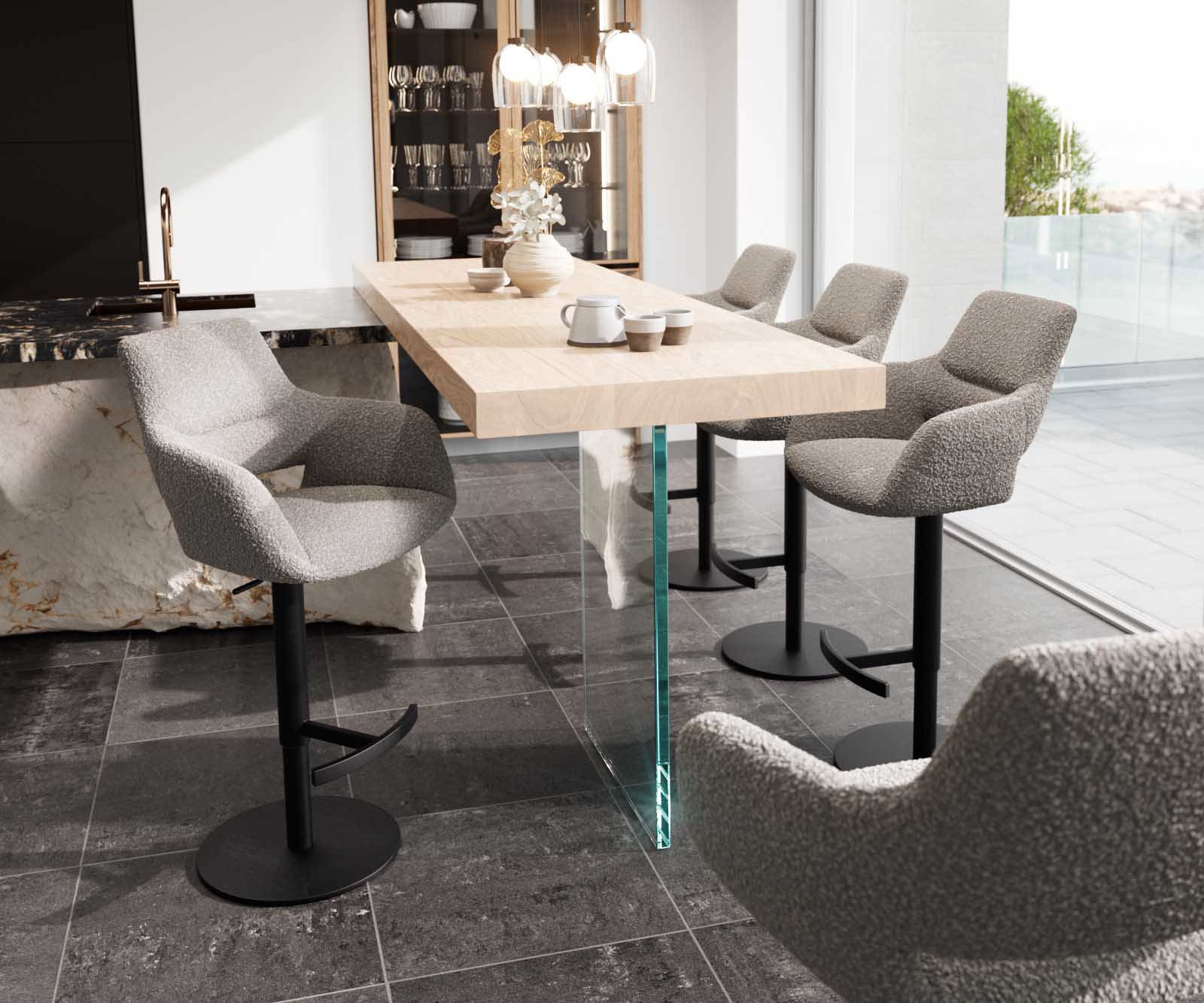 Chaise-de-bar Yago-Flex Bouclé gris argenté Pied pivotant réglable en hauteur Métal noir pivotant Ressorts ensachés 4
