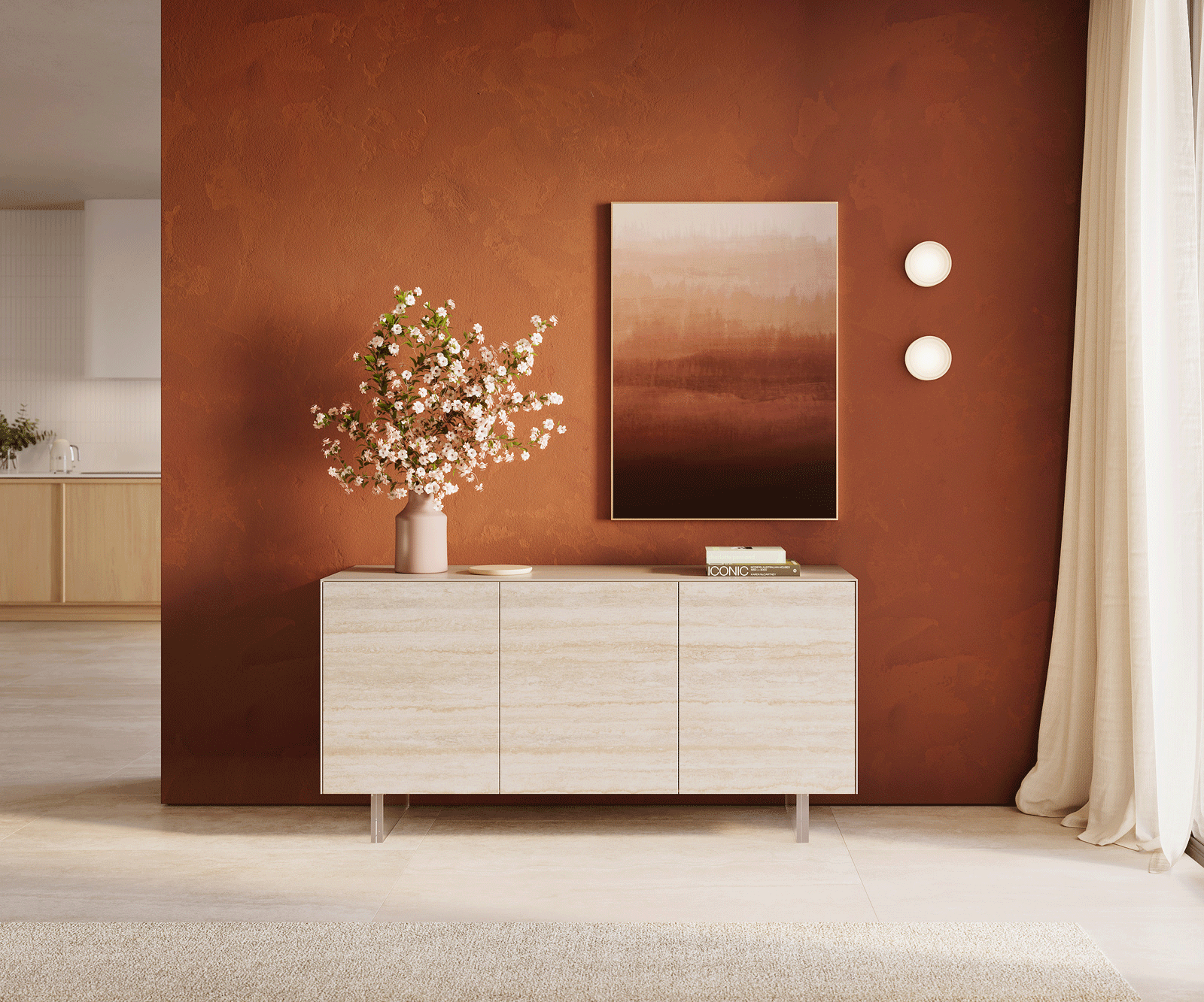 Buffet Cuor 150 cm Céramique Laminam® Travertino Bianco Crème-blanc 3 Portes Pied optique flottant Verre acrylique 1