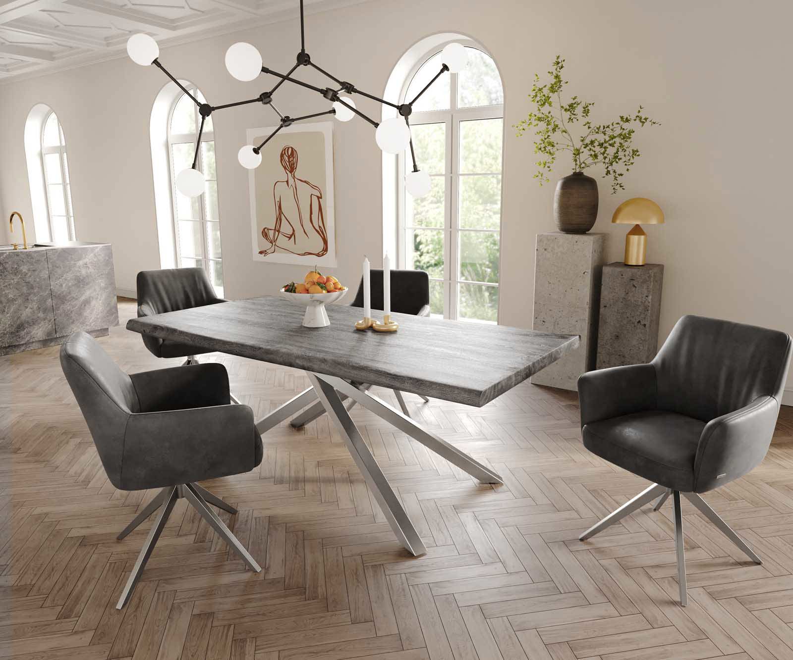 Chaise-pivotante Xana-Flex avec accoudoirs microvelours anthracite vintage pied croisé large acier inoxydable brossé pivotement sur 360° ressorts ensachés 4