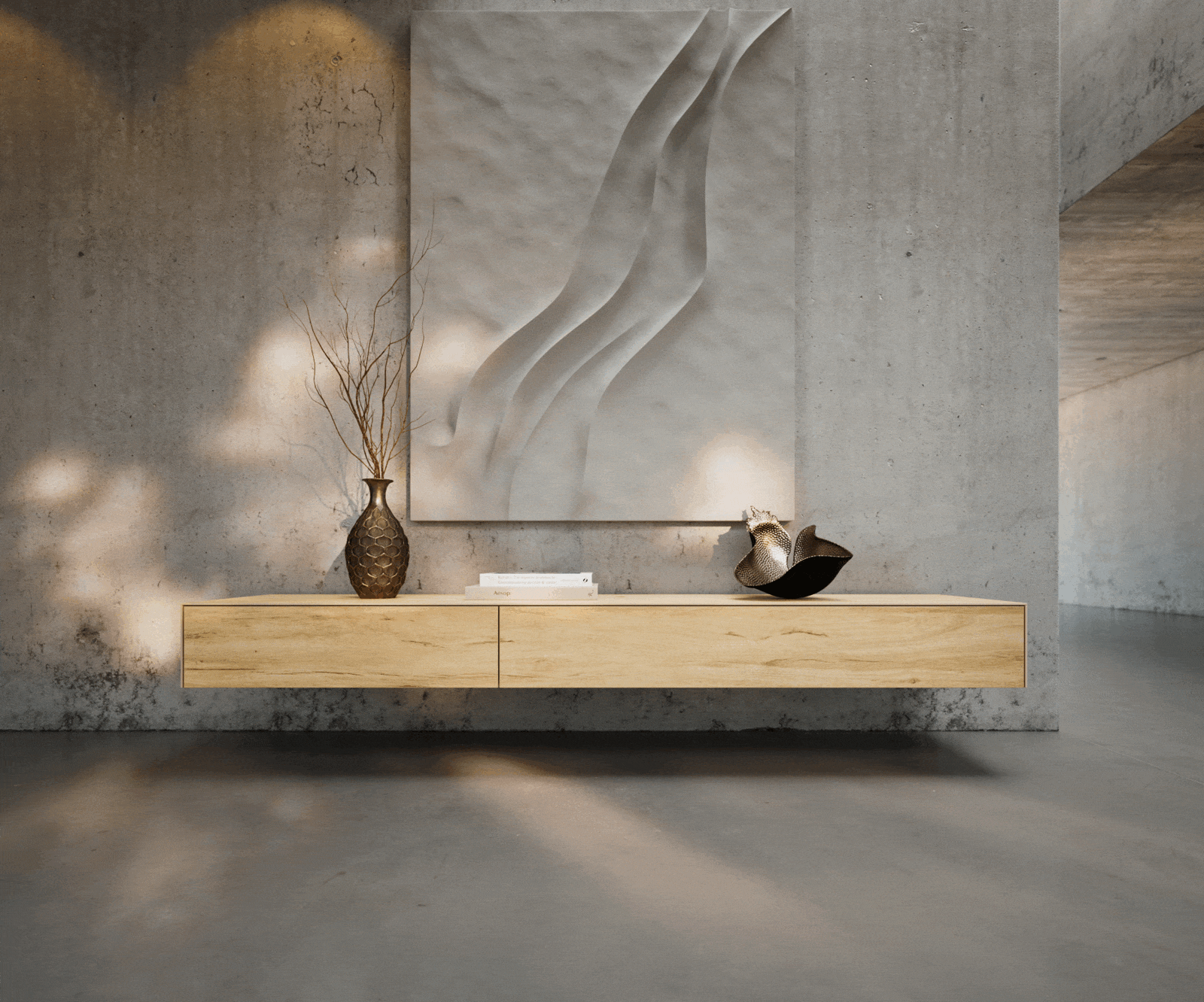 Meuble-TV Cuor 200 cm Céramique Laminam® Sabbia Teinte chêne 1 Clapet 1 Tiroir Flottant 2