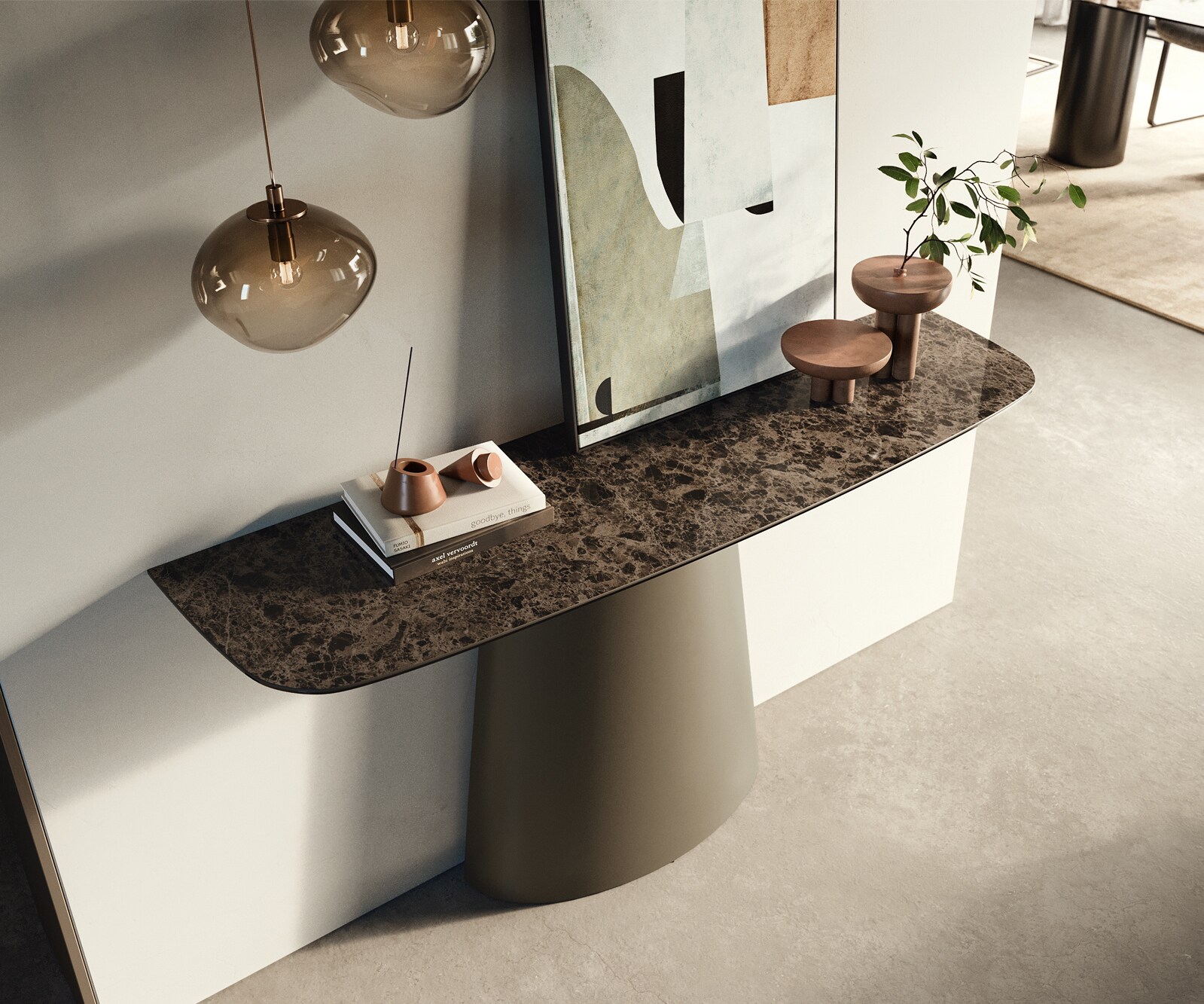 Console Edge forme bateau 140x40 cm Céramique Emperador Extra Lucidato Dunkelbraun Conos Métal Effektfinish Titan 1