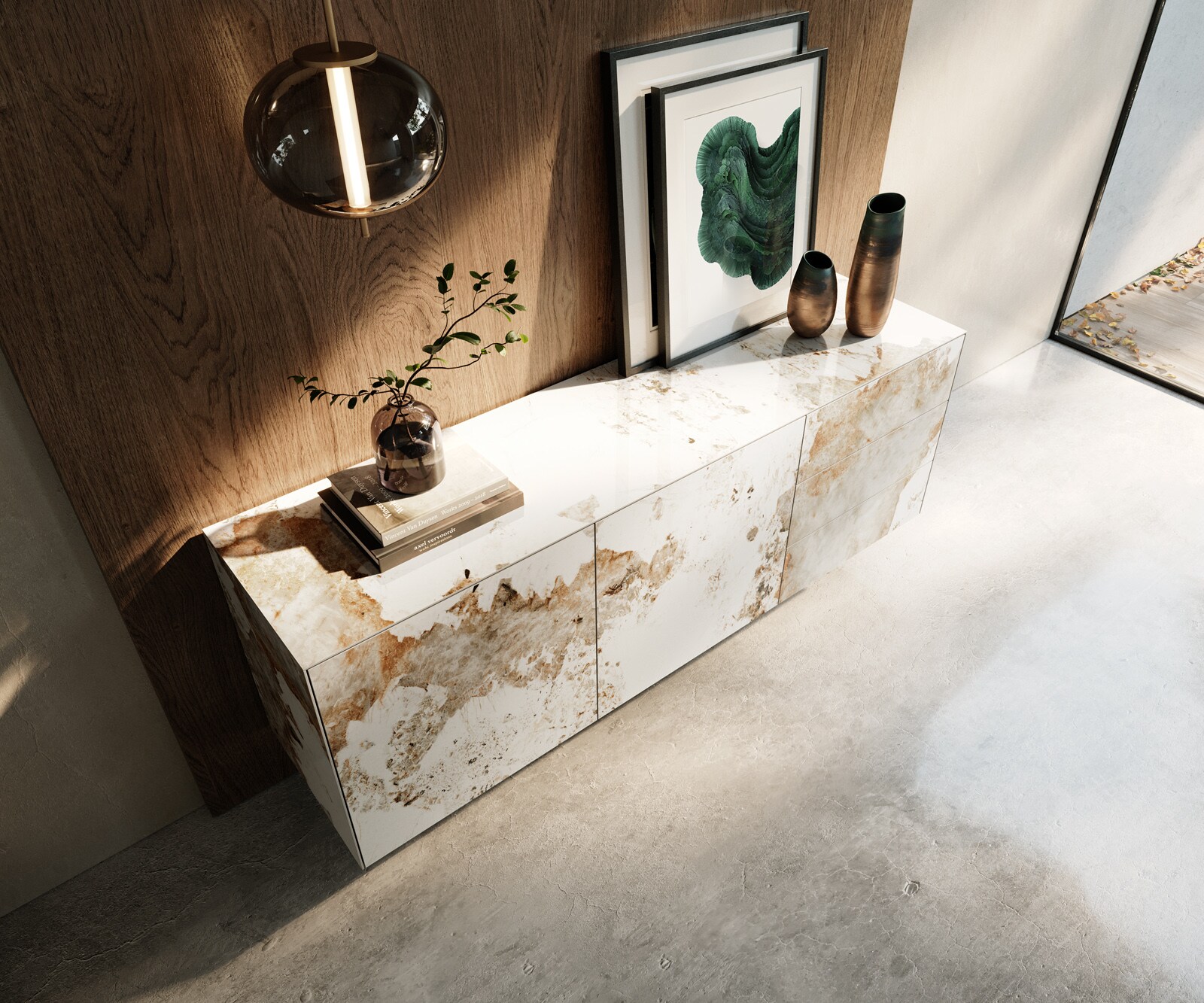 Buffet Cuor 180 cm Céramique Minas Melange Blanc-beige 2 Portes 3 Tiroirs Flottant 4