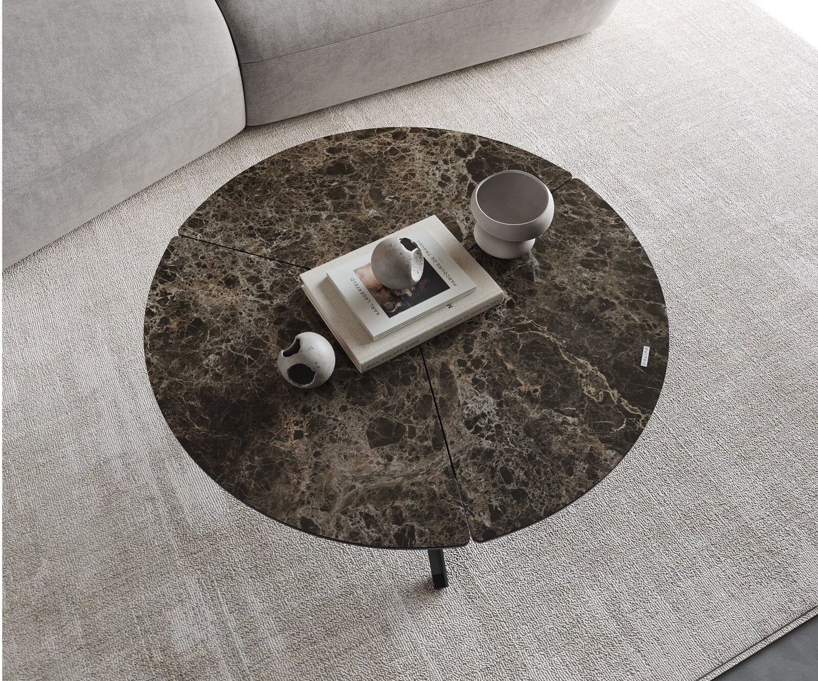 Table-basse Delron 90x90 cm Céramique Emperador Extra Lucidato Marron foncé Pied croisé plat Métal Noir 3
