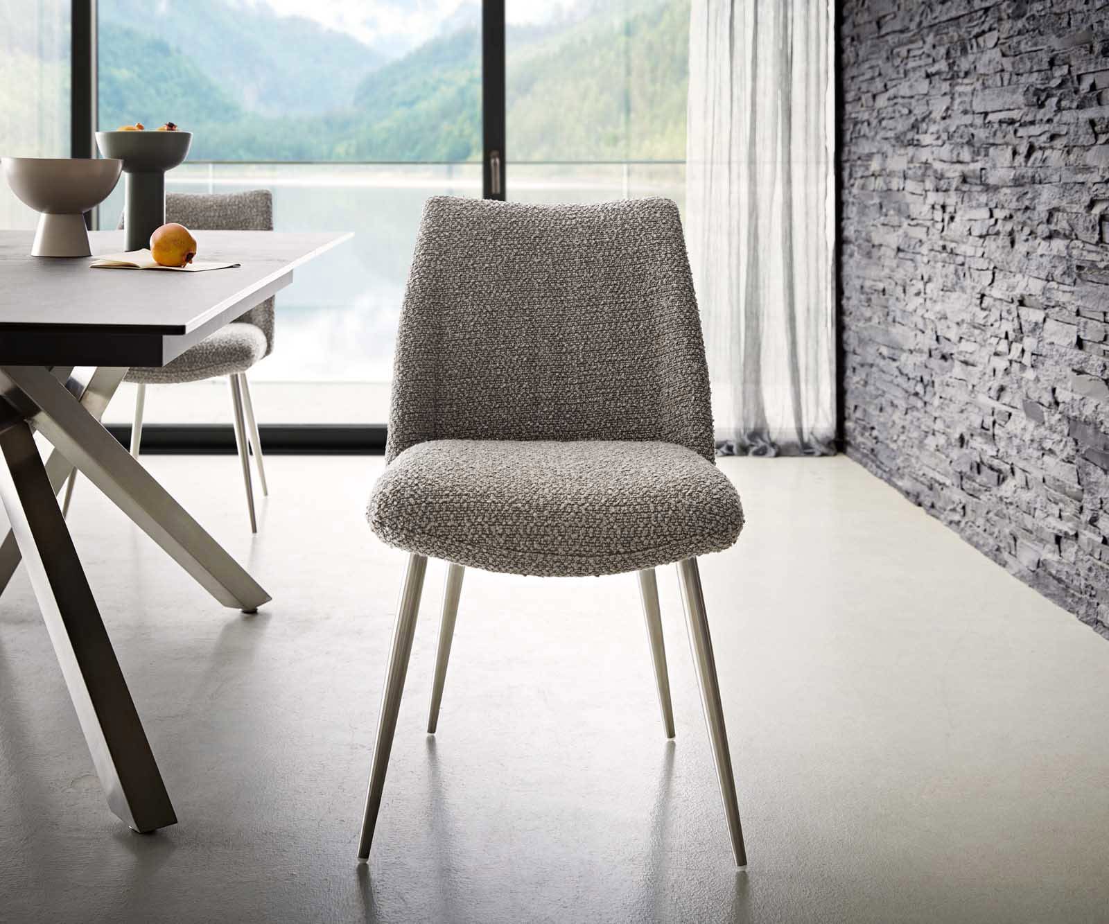 Chaise-de-salle-à-manger Elso-Flex bouclé gris argenté 4 pieds coniques acier inoxydable brossé ressorts ensachés 1 Chaise-de-salle-à-manger Elso-Flex bouclé gris argenté 4 pieds coniques acier inoxydable brossé ressorts ensachés 1