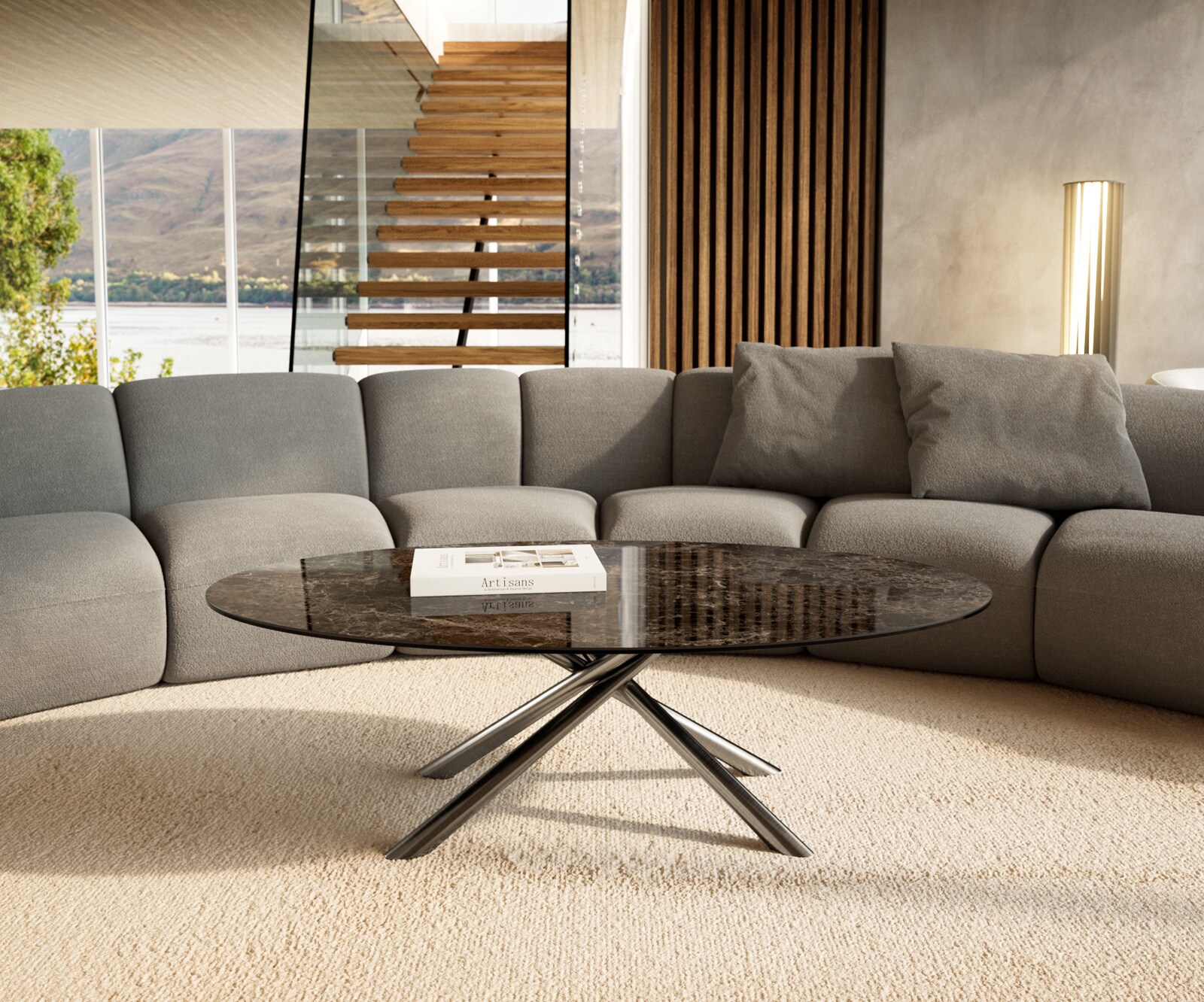 Table basse Edge Oval 140x80 cm céramique Laminam® Emperador Extra Lucidato brun foncé Sarity acier inoxydable brossé 1