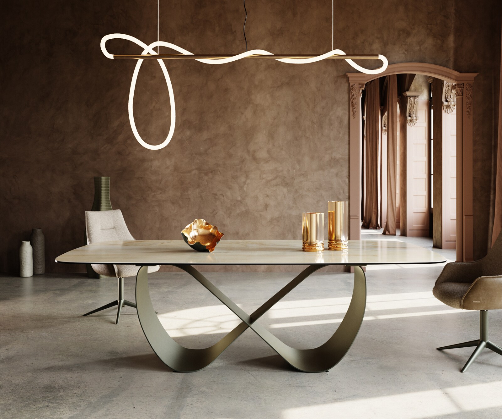 Table à manger Edge Boot 240x120 cm Céramique Iris FMG Onice Oro Infinity Métal Finition effet Titan 2