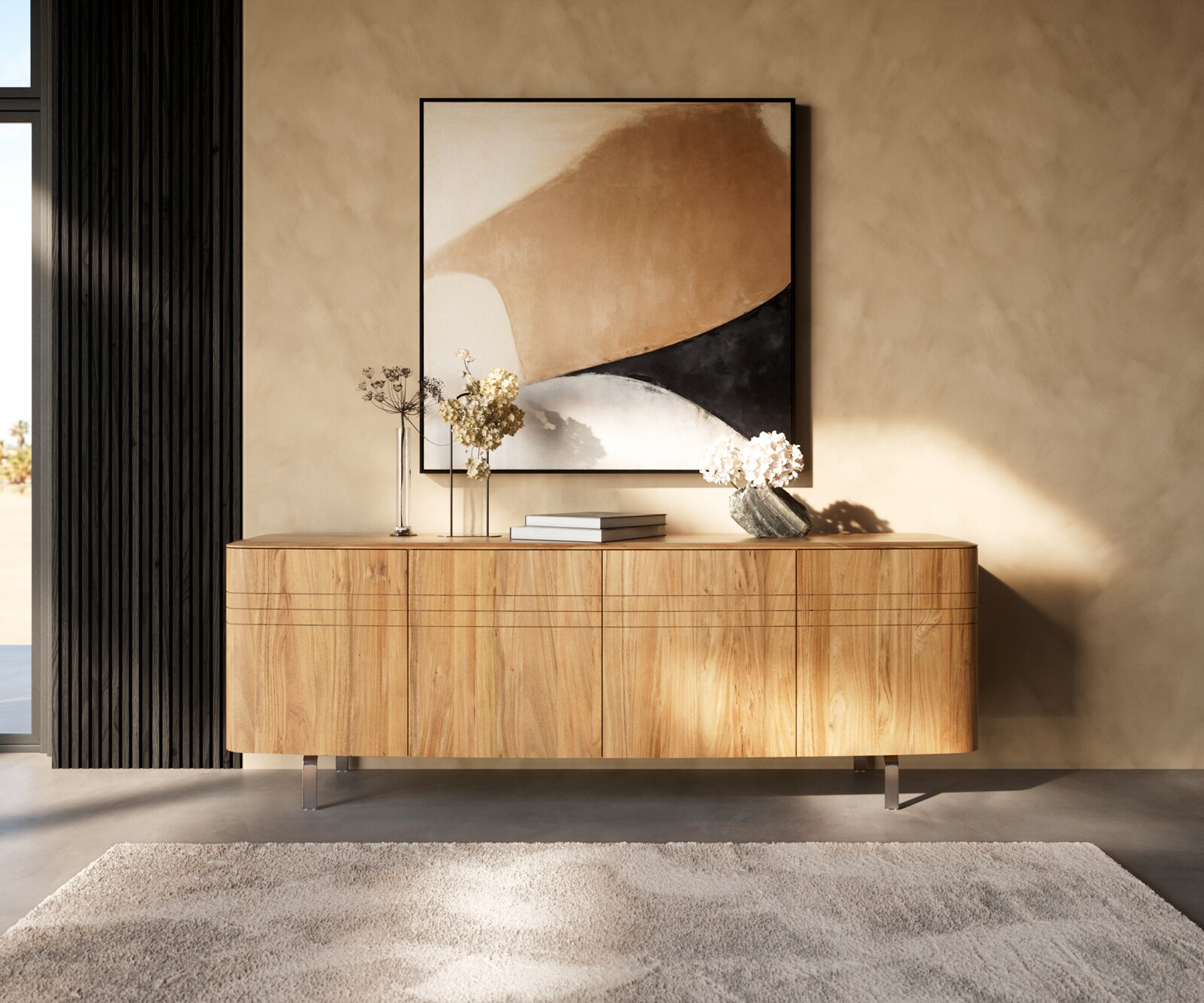 Buffet Nagaru 200 cm en acacia Aura 4 portes, pied en L en acier inoxydable brossé 1