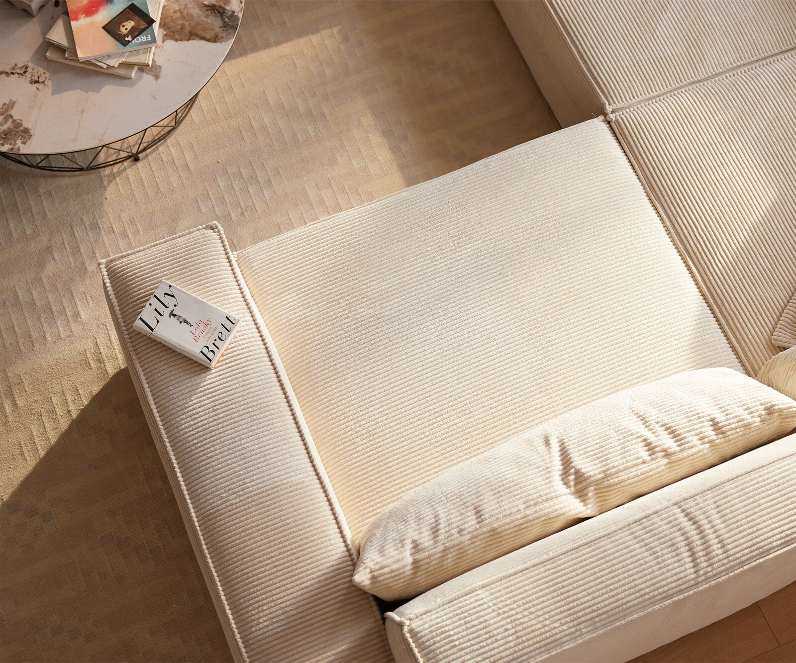 Canapé panoramique Sirpio XL 360x260 cm Velours côtelé Beige Recamiere variable 4