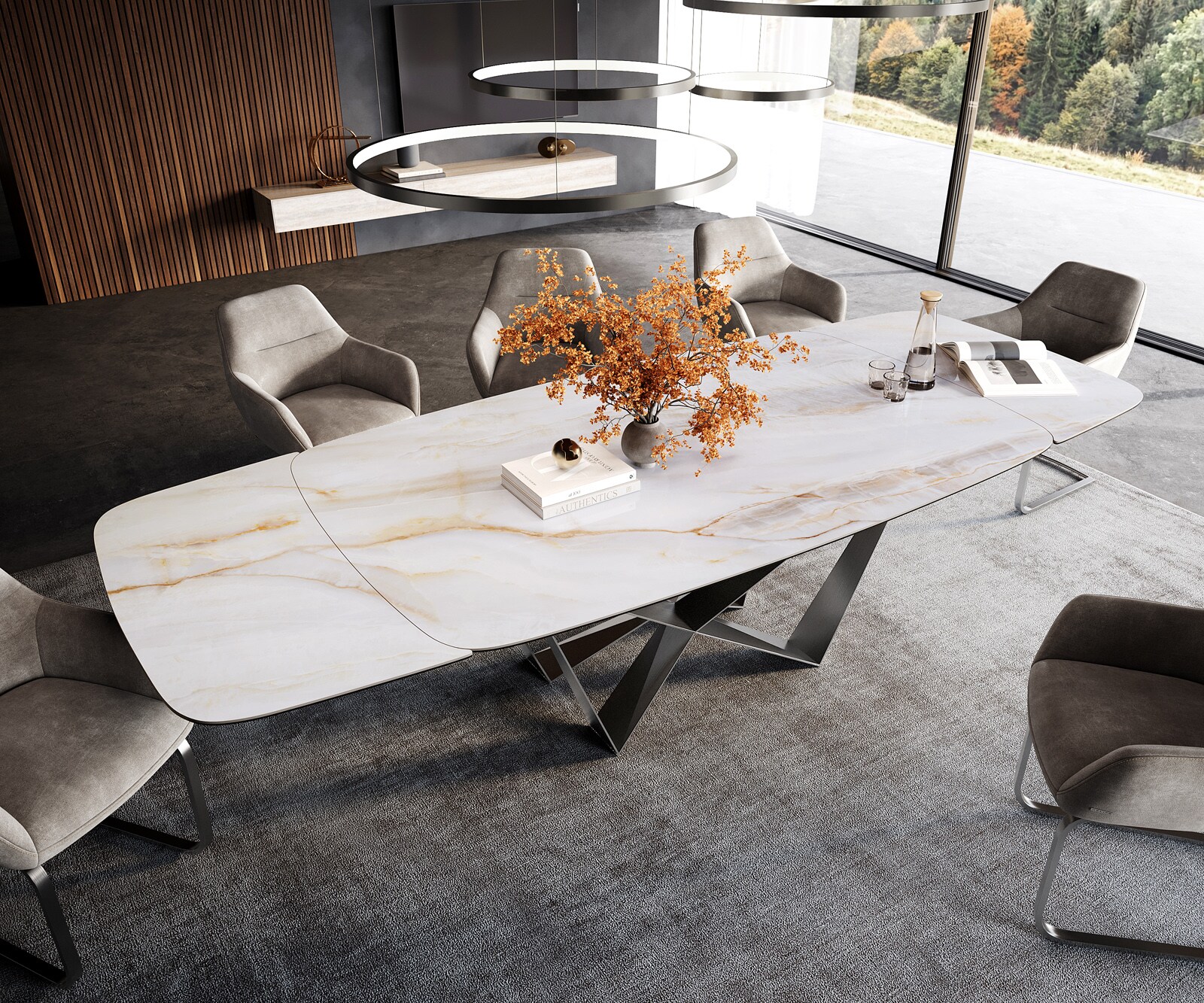 Table à manger Edge forme bateau 200-300x120 cm céramique Onyx Pearl Spider acier plat inox extensible 4
