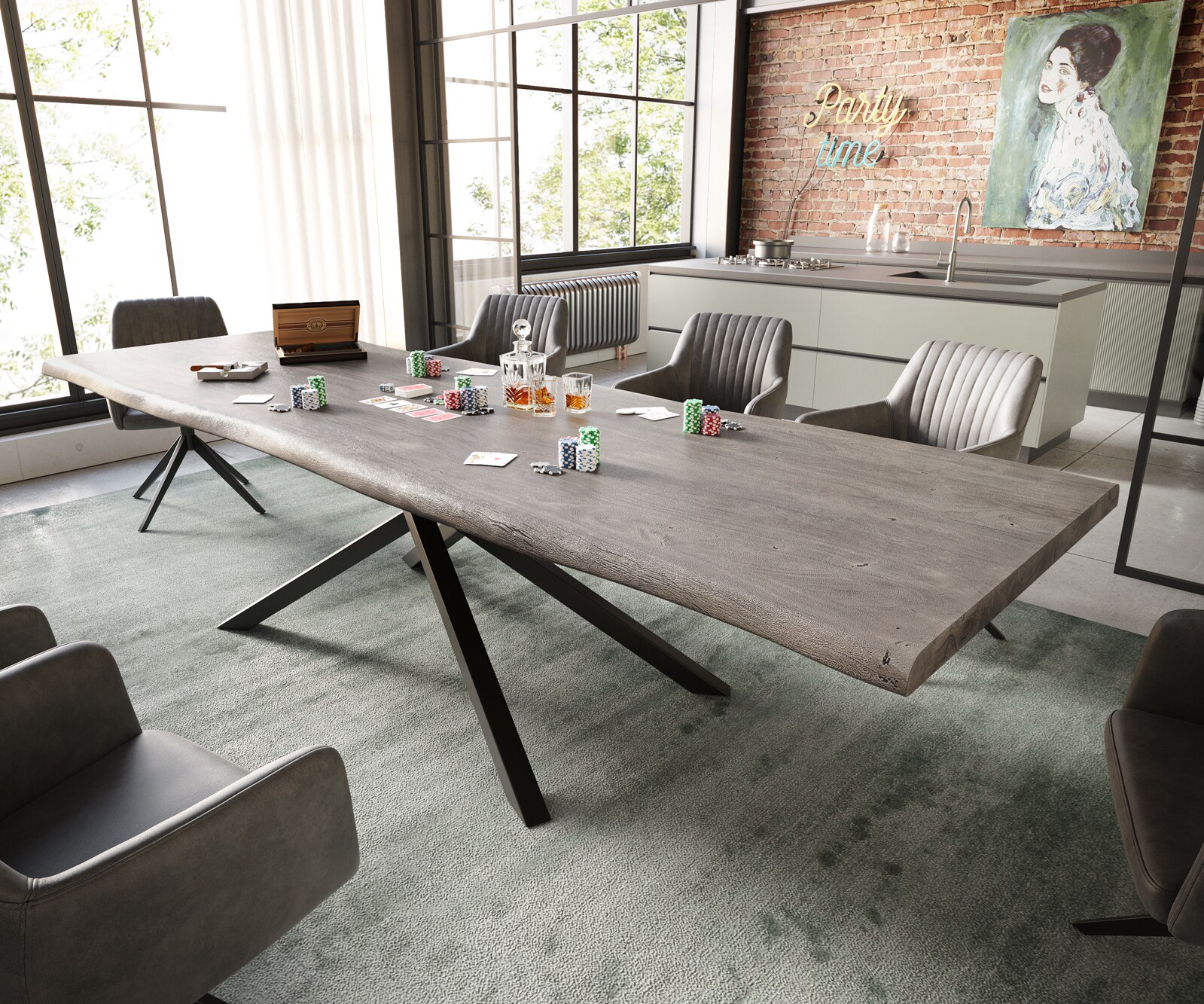 Table à manger Edge 300x100 XL acacia platine cadre croisé rectangle noir Live-Edge 1