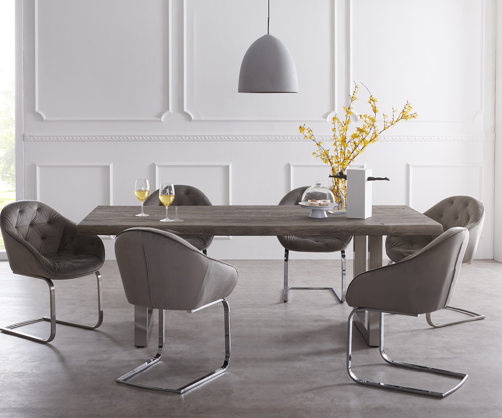 Table-à-manger Edge 220x100cm XL acacia platine acier inoxydable large Live-Edge 1