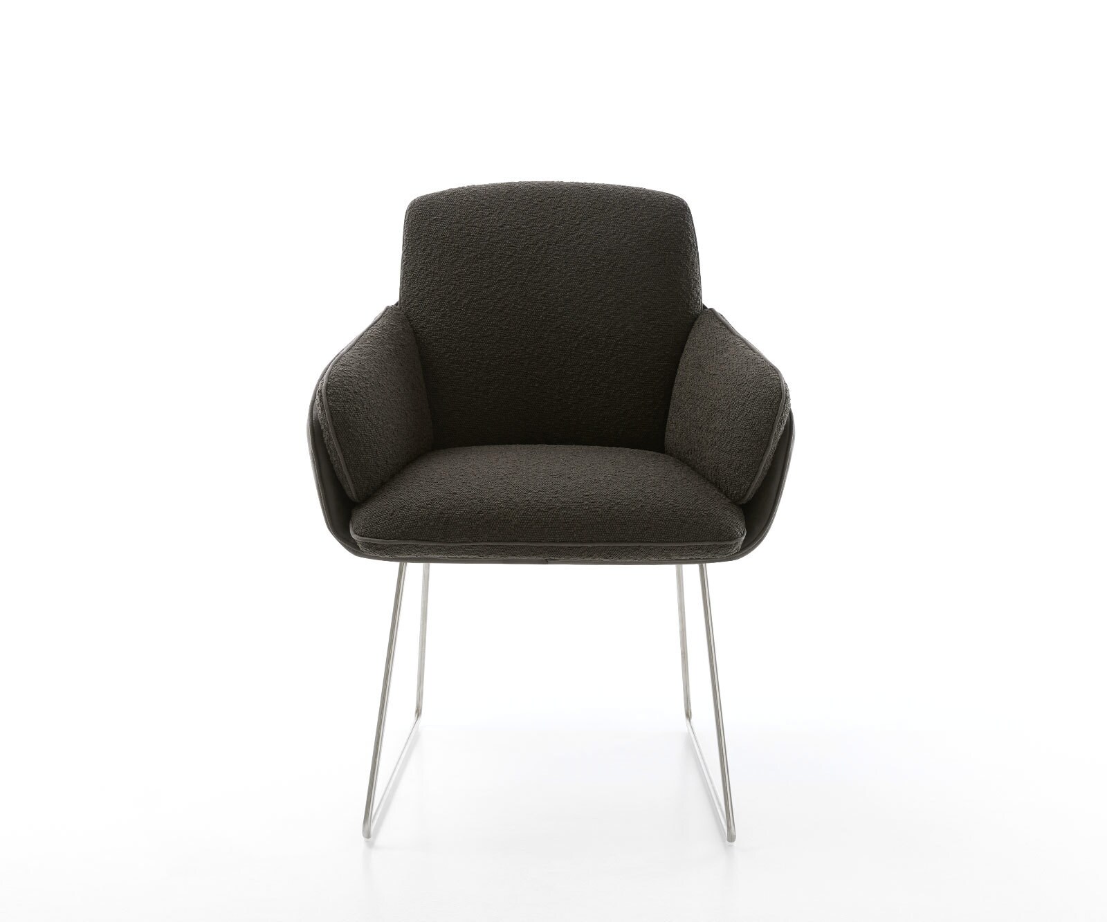 Chaise-de-salle-à-manger Luan-Flex avec accoudoirs tissu mixte noir pied trapèze acier inoxydable brossé 1 Chaise-de-salle-à-manger Luan-Flex avec accoudoirs tissu mixte noir pied trapèze acier inoxydable brossé 1