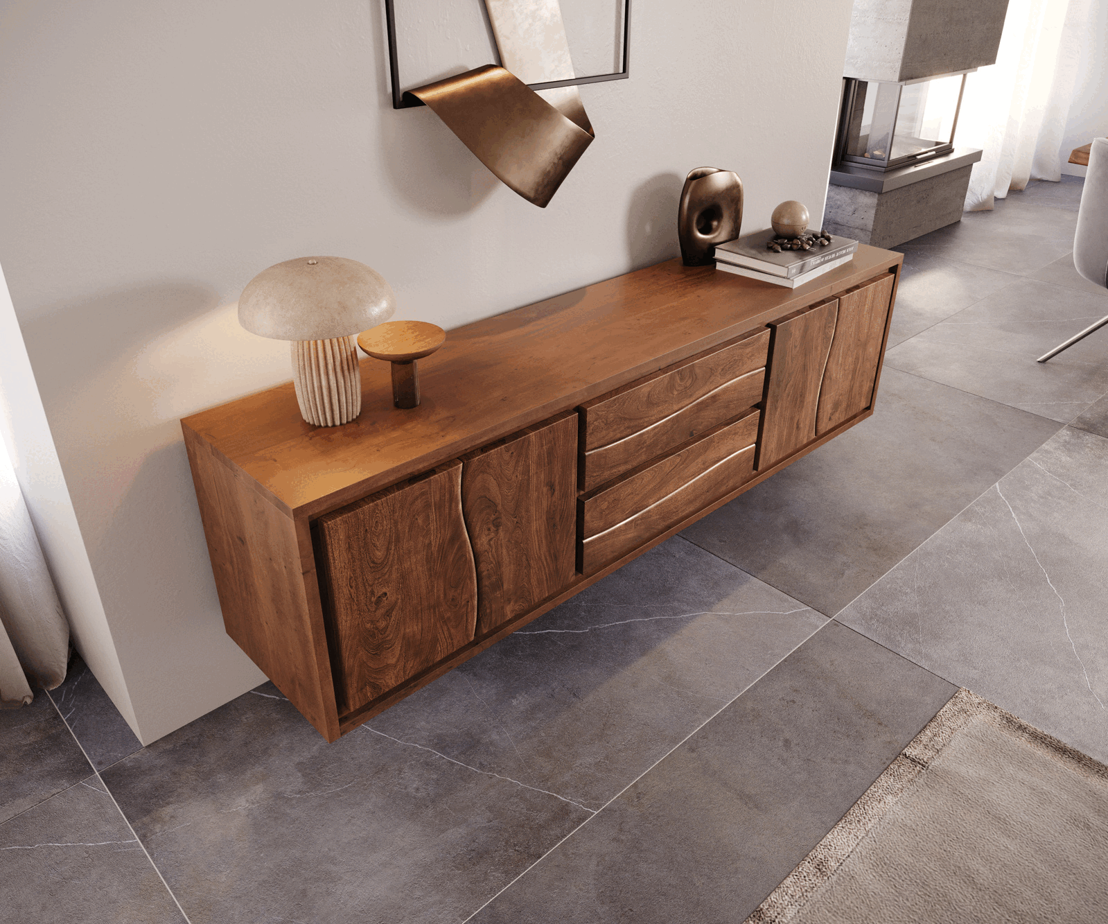 Meuble-TV Live-Edge 200 cm acacia brun 4 portes 2 tiroirs flottants 4