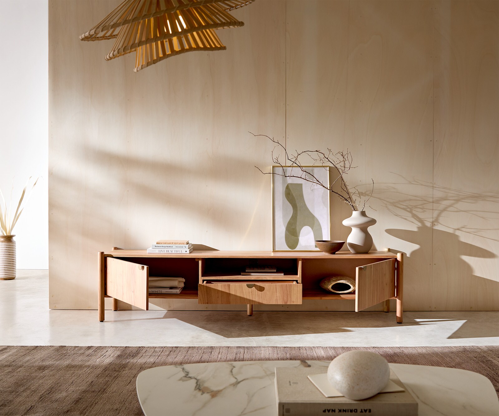 Meuble-TV  Caius 200 cm acacia Aura 2 portes 1 tiroir 1 compartiment 3