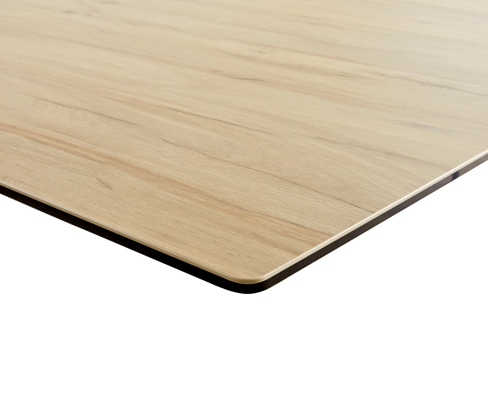 Table à manger Edge 180-220x100 céramique Laminam® Sabbia couleur chêne cadre en V acier plat noir extensible