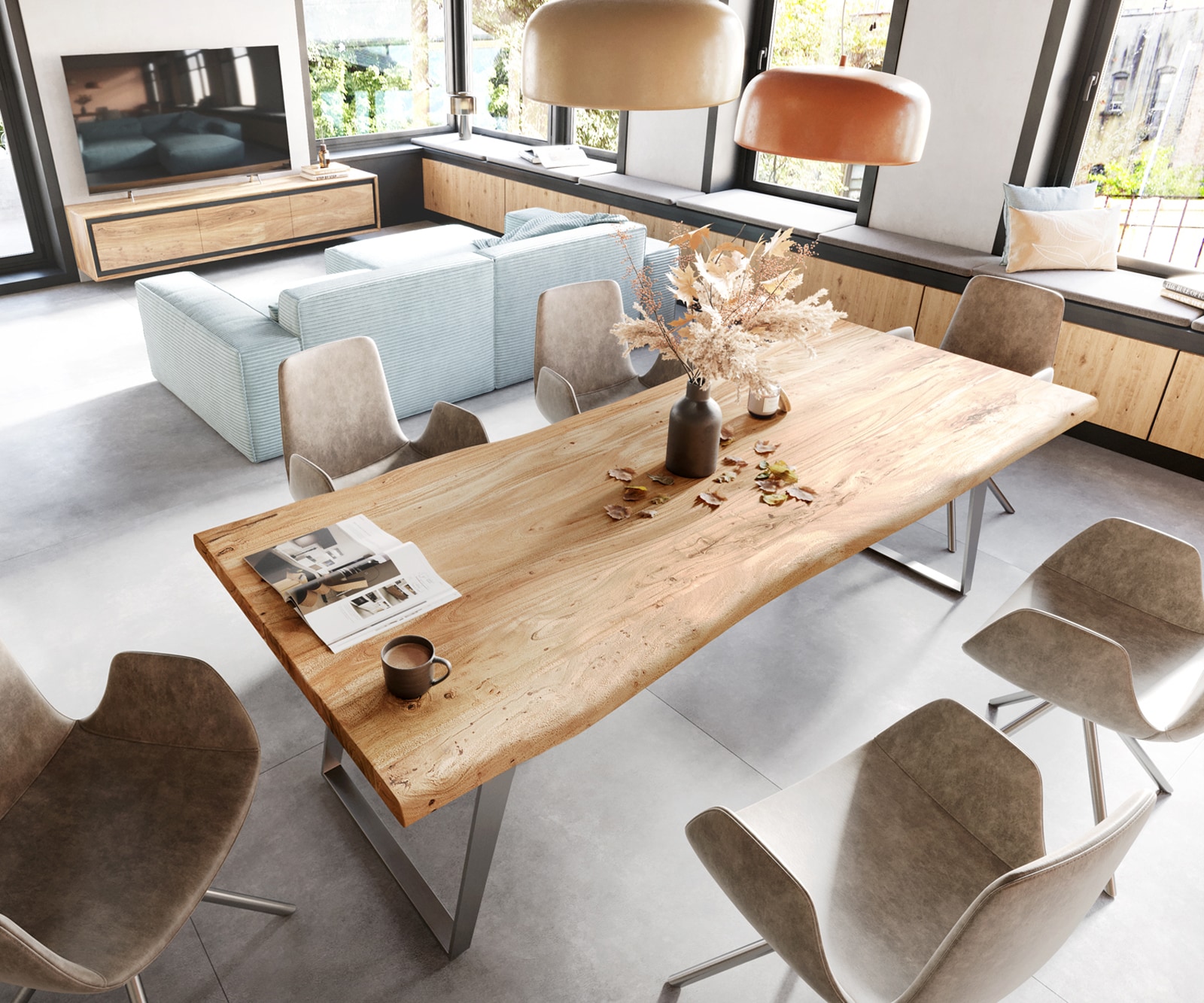 Table à manger Edge 280x100 XL acacia nature acier inoxydable inclinée Live-Edge 3 Table à manger Edge 280x100 XL acacia nature acier inoxydable inclinée Live-Edge 3