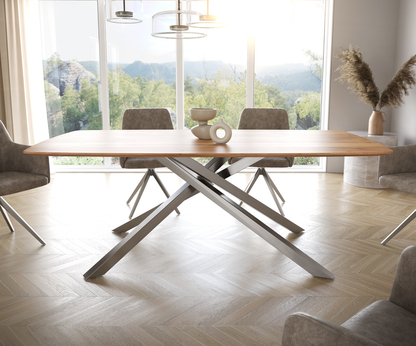 Table à manger Edge Boot 200x100 acacia nature cadre croisé rectangle acier inoxydable bord suisse 1
