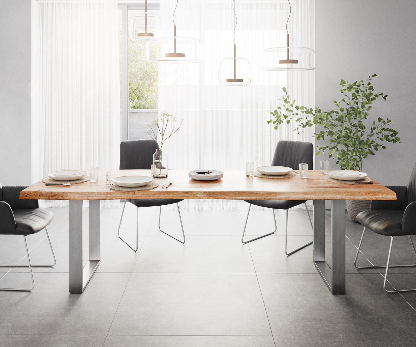 Table-à-manger Edge 260x100 XL acacia nature acier inoxydable mince Live-Edge 1