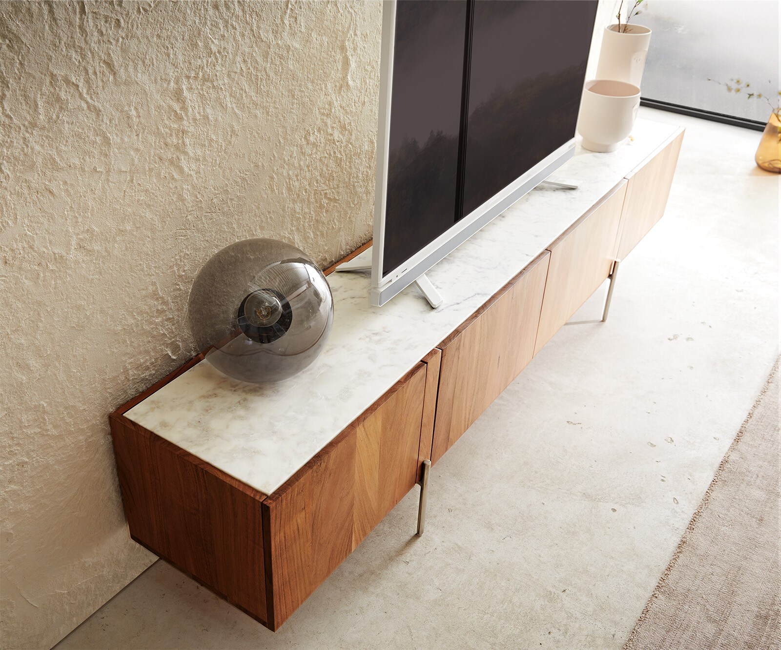 Meuble-TV Secara 220 cm acacia naturel 4 portes marbre pieds inoxydable 6