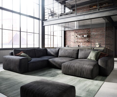 Grand canapé d’angle Lanzo 300x210 cm similicuir vintage anthracite 300x210 cm méridienne réversible avec pouf