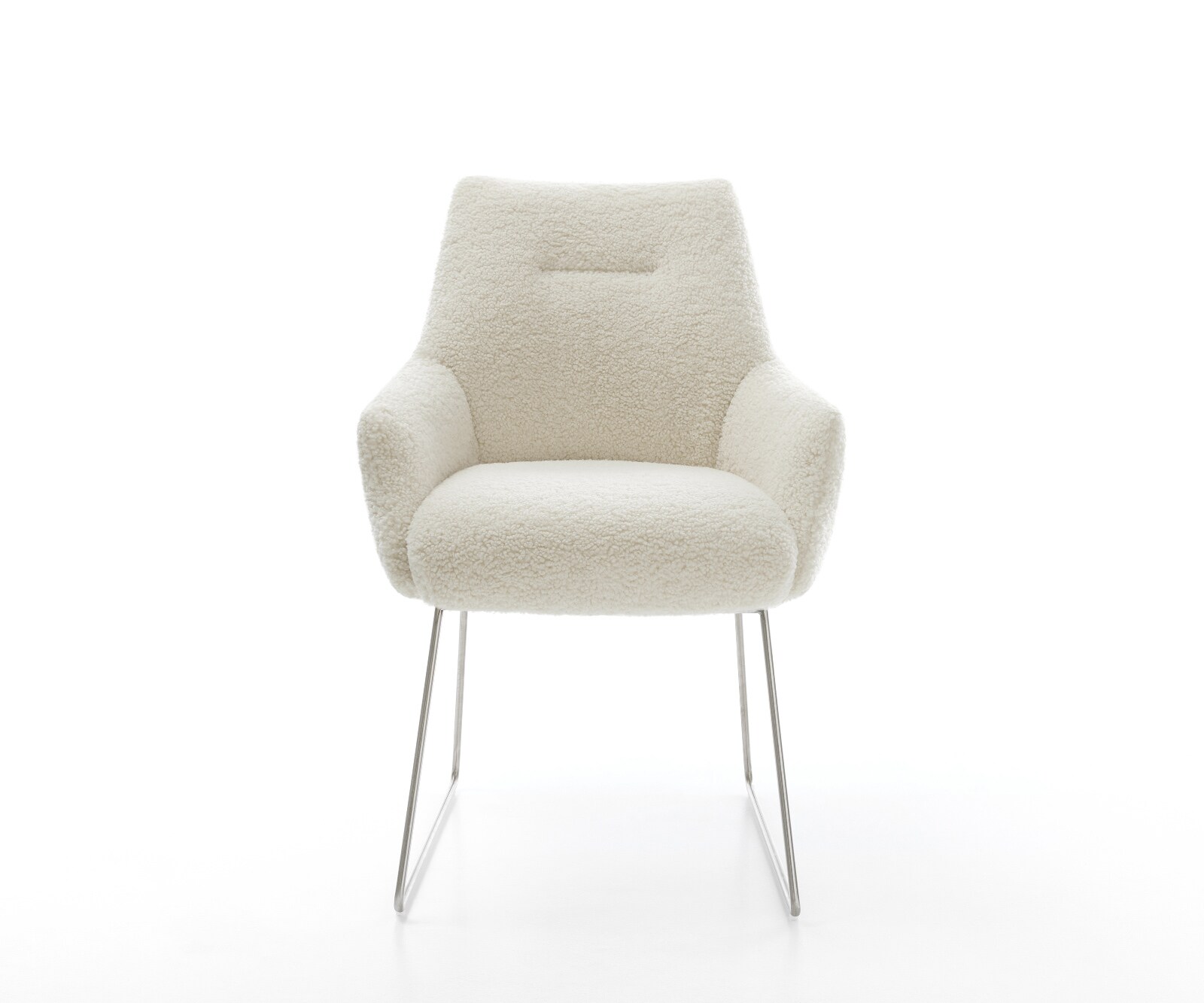 Chaise-de-salle-à-manger Alja-Flex avec accoudoirs tissu teddy beige pied trapèze acier inoxydable resorts ensachés 1