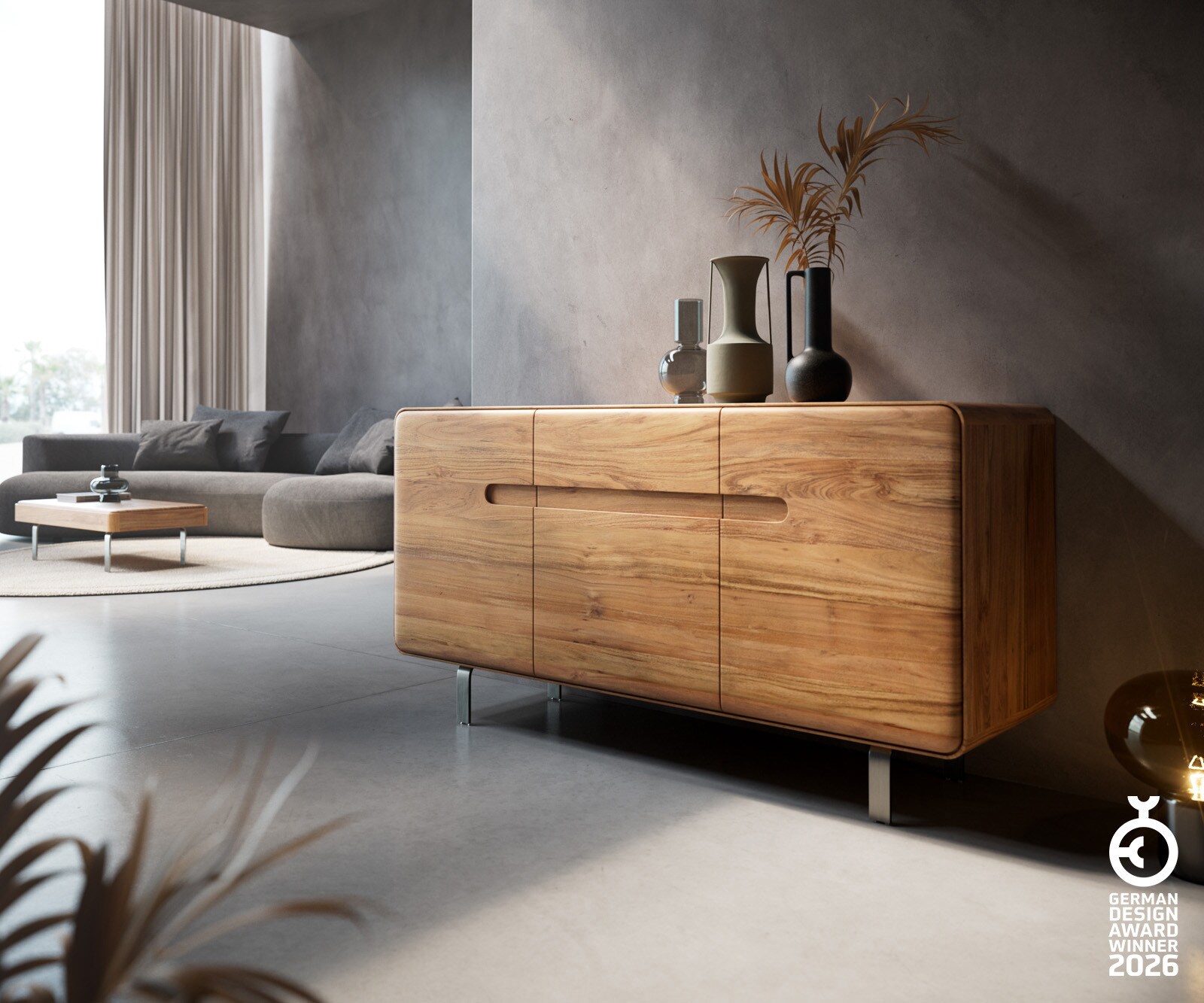 Buffet Anaya 145 cm acacia naturel 3 portes pied en L inox